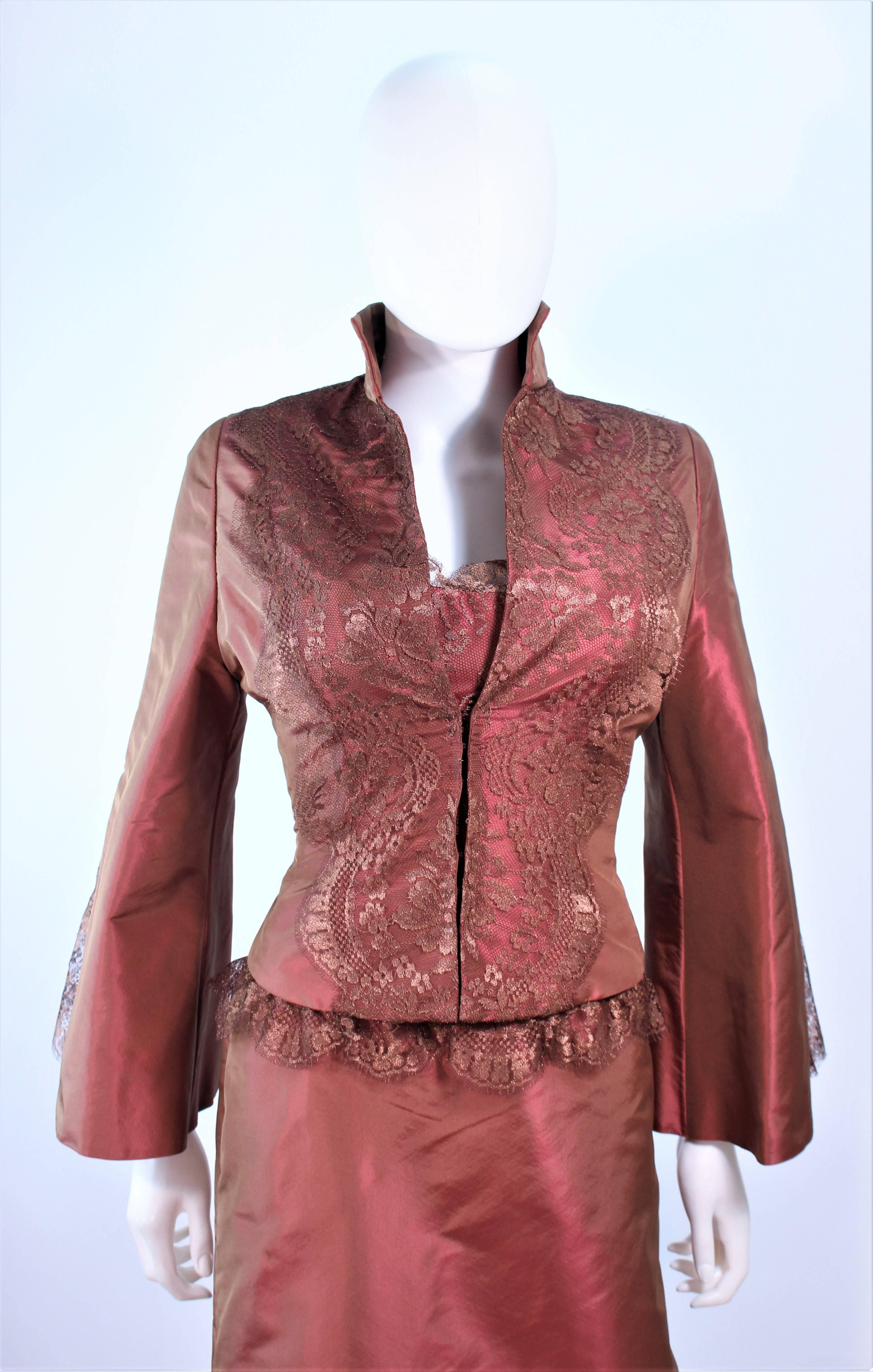 Brown ELIZABETH FILLMORE Bronze Lace & Satin Evening Gown Ensemble with Coat Size 10 For Sale