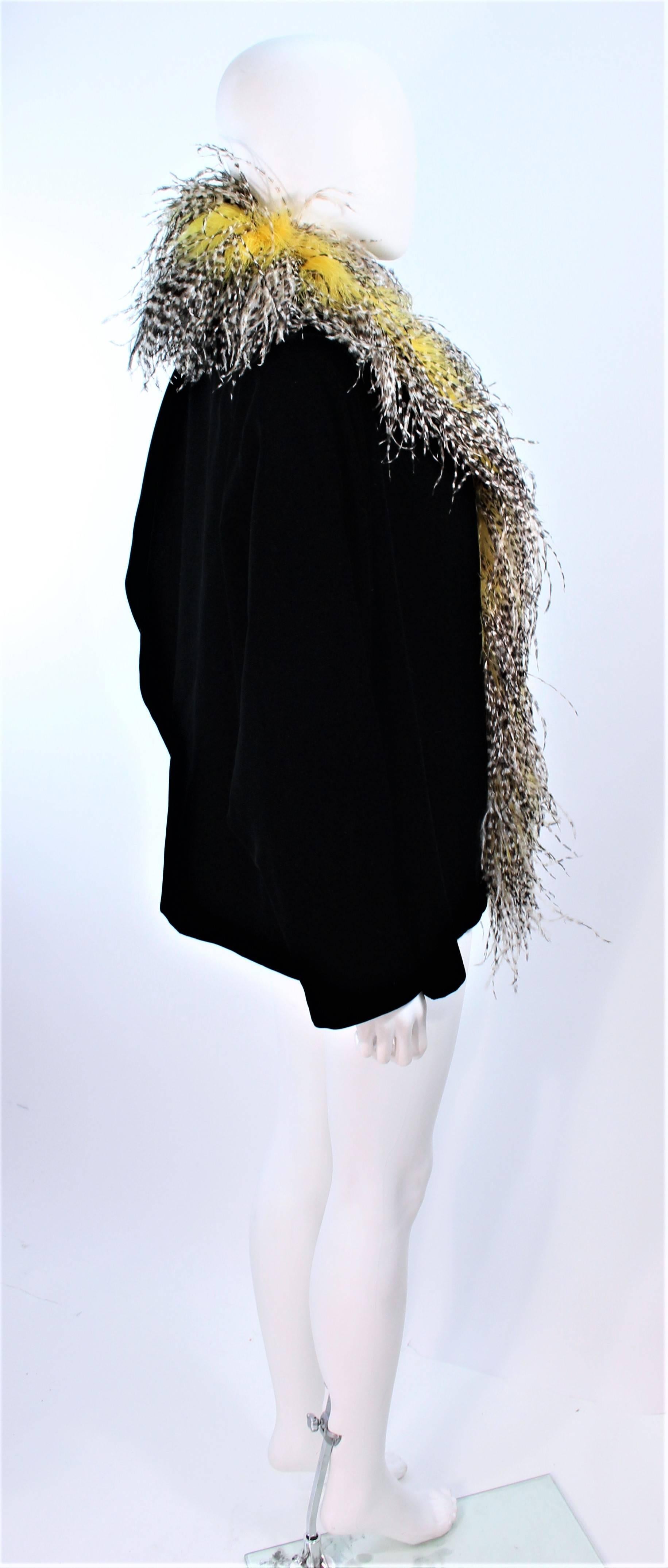 FRANK TAGNINO Black Velvet Coat with Yellow Black & White Feather Trim 6 8 10 For Sale 4
