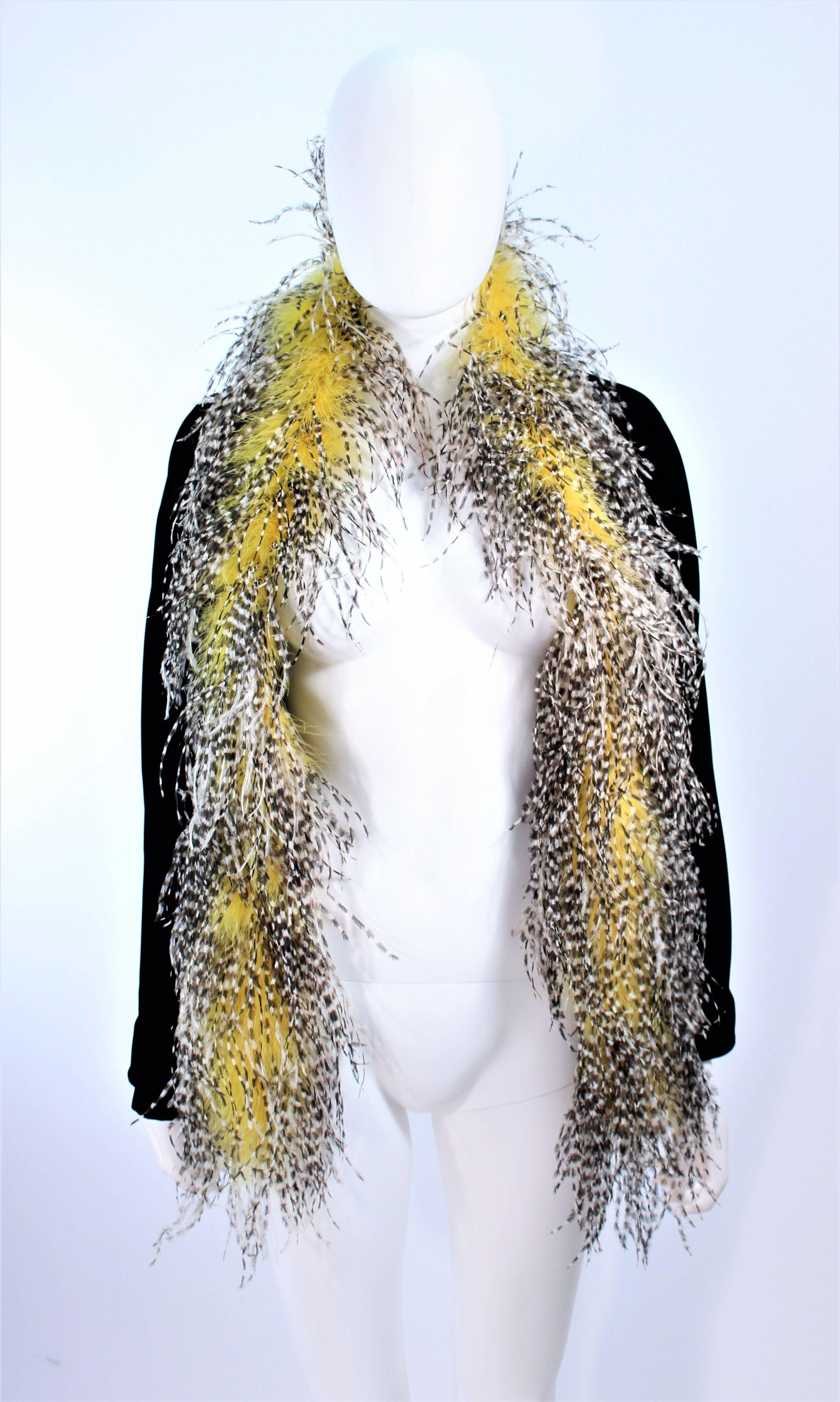FRANK TAGNINO Black Velvet Coat with Yellow Black & White Feather Trim 6 8 10 For Sale 1