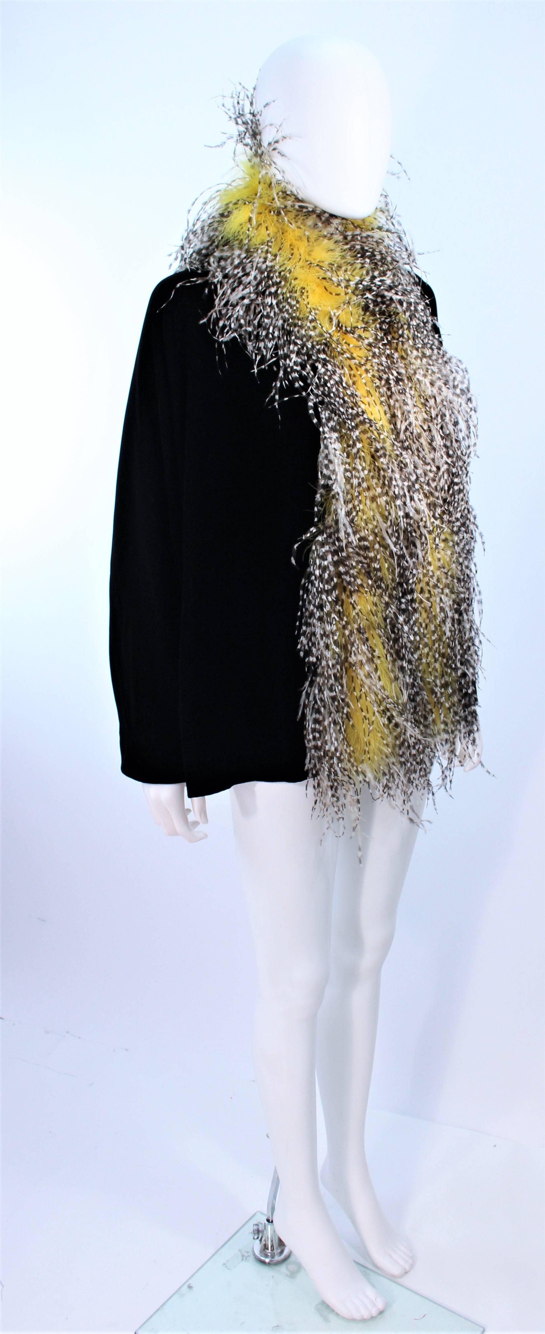 FRANK TAGNINO Black Velvet Coat with Yellow Black & White Feather Trim 6 8 10 For Sale 3