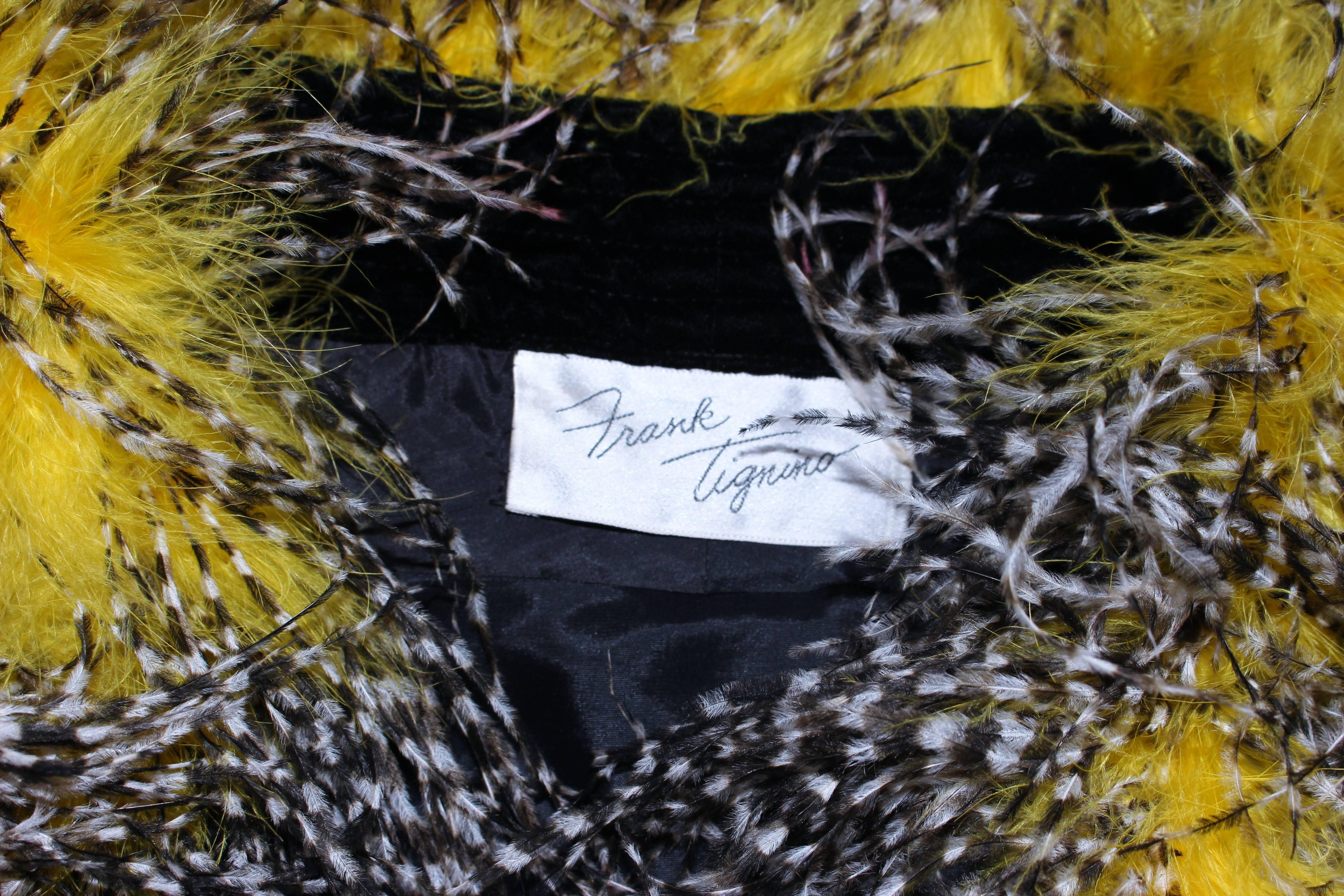 FRANK TAGNINO Black Velvet Coat with Yellow Black & White Feather Trim 6 8 10 For Sale 6