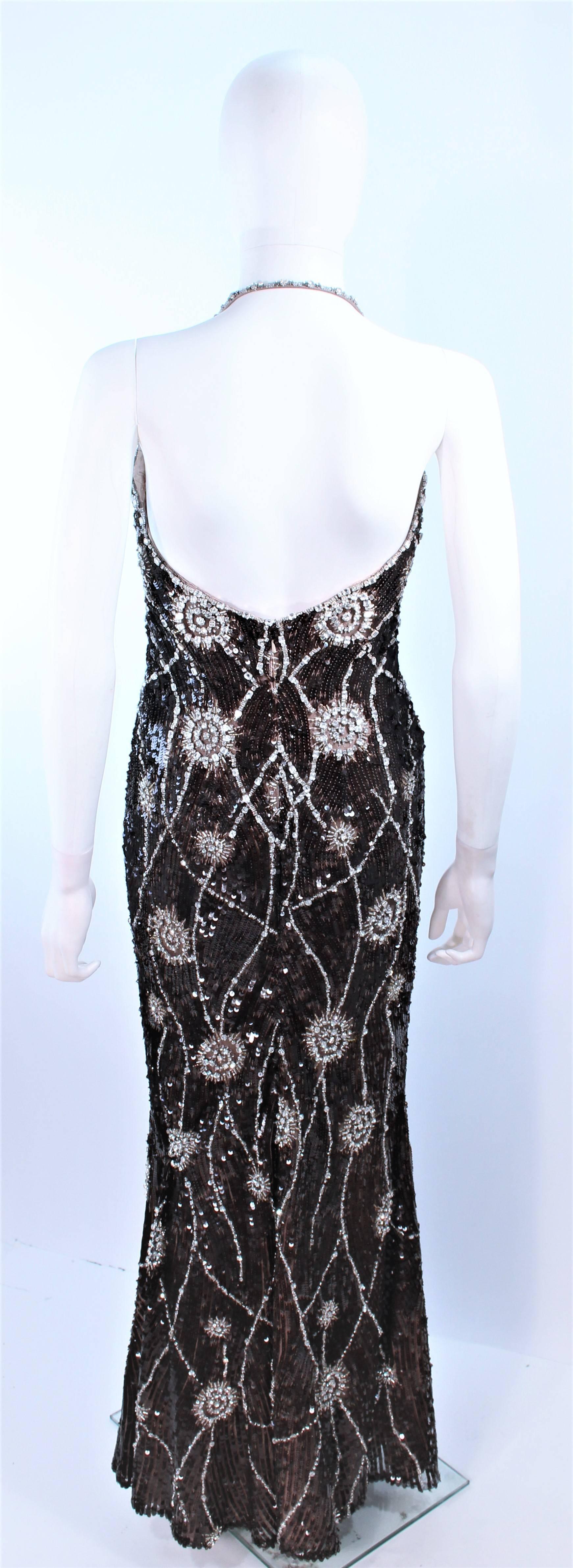 STEPHEN YEARIK Brown Sequin Rhinestone Floral Embellished Halter Gown Size 4 For Sale 3