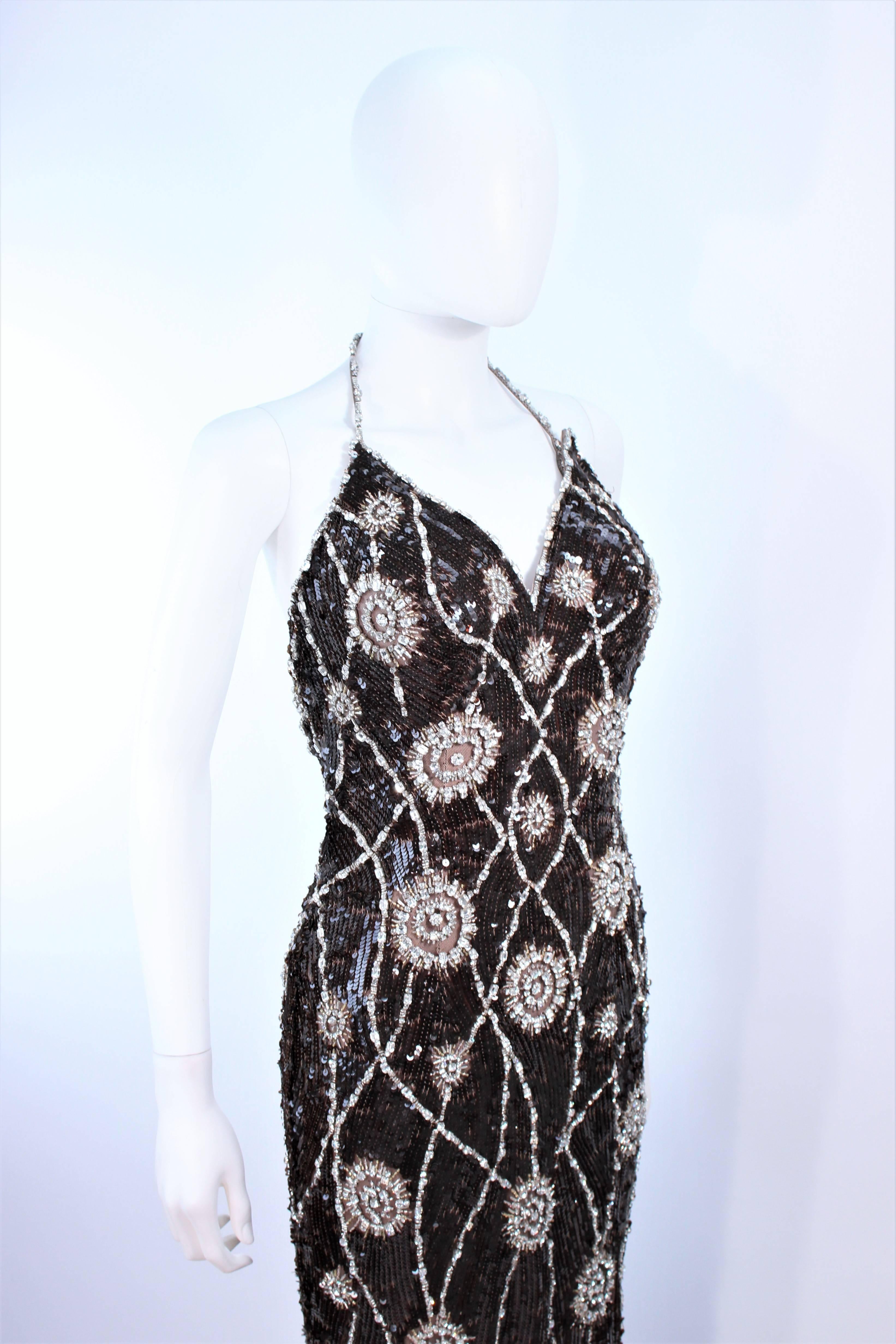 Women's STEPHEN YEARIK Brown Sequin Rhinestone Floral Embellished Halter Gown Size 4 For Sale