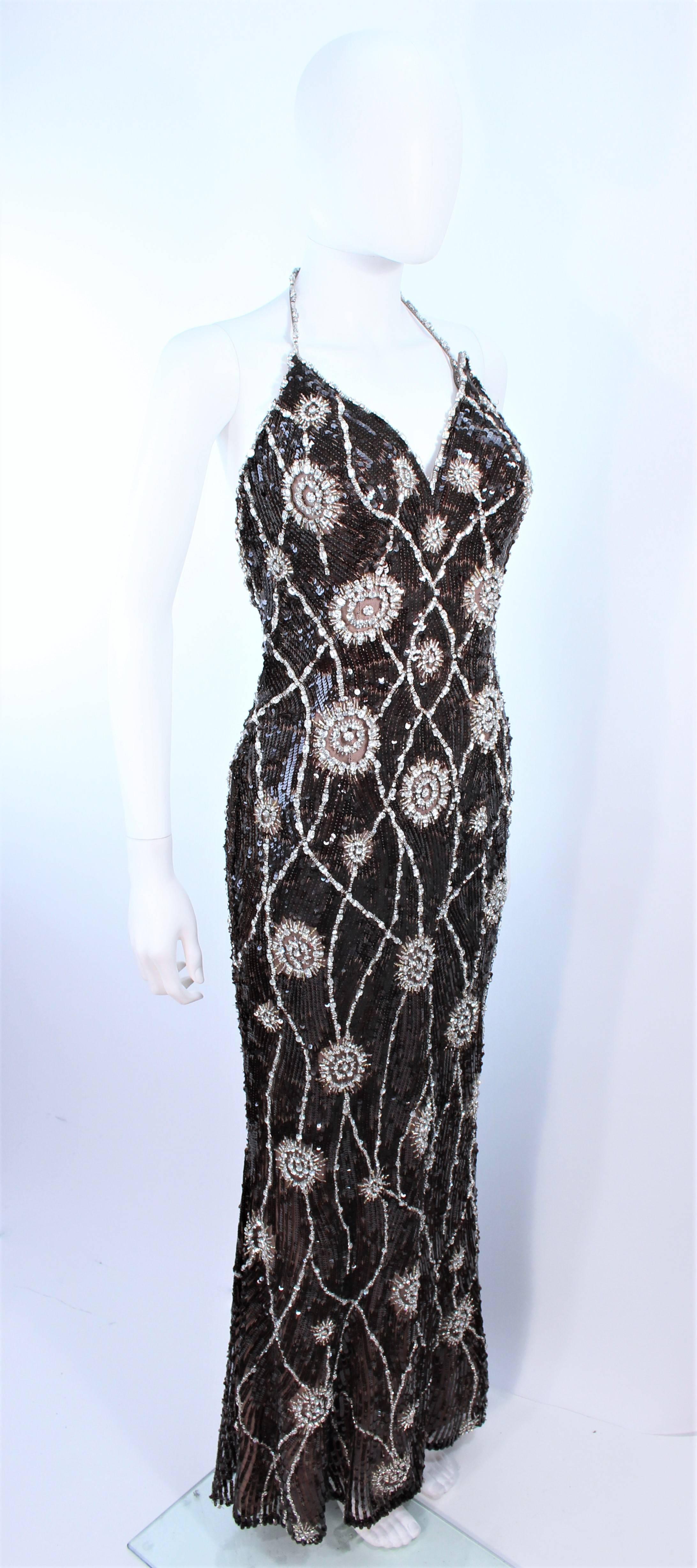 STEPHEN YEARIK Brown Sequin Rhinestone Floral Embellished Halter Gown Size 4 In Excellent Condition For Sale In Los Angeles, CA