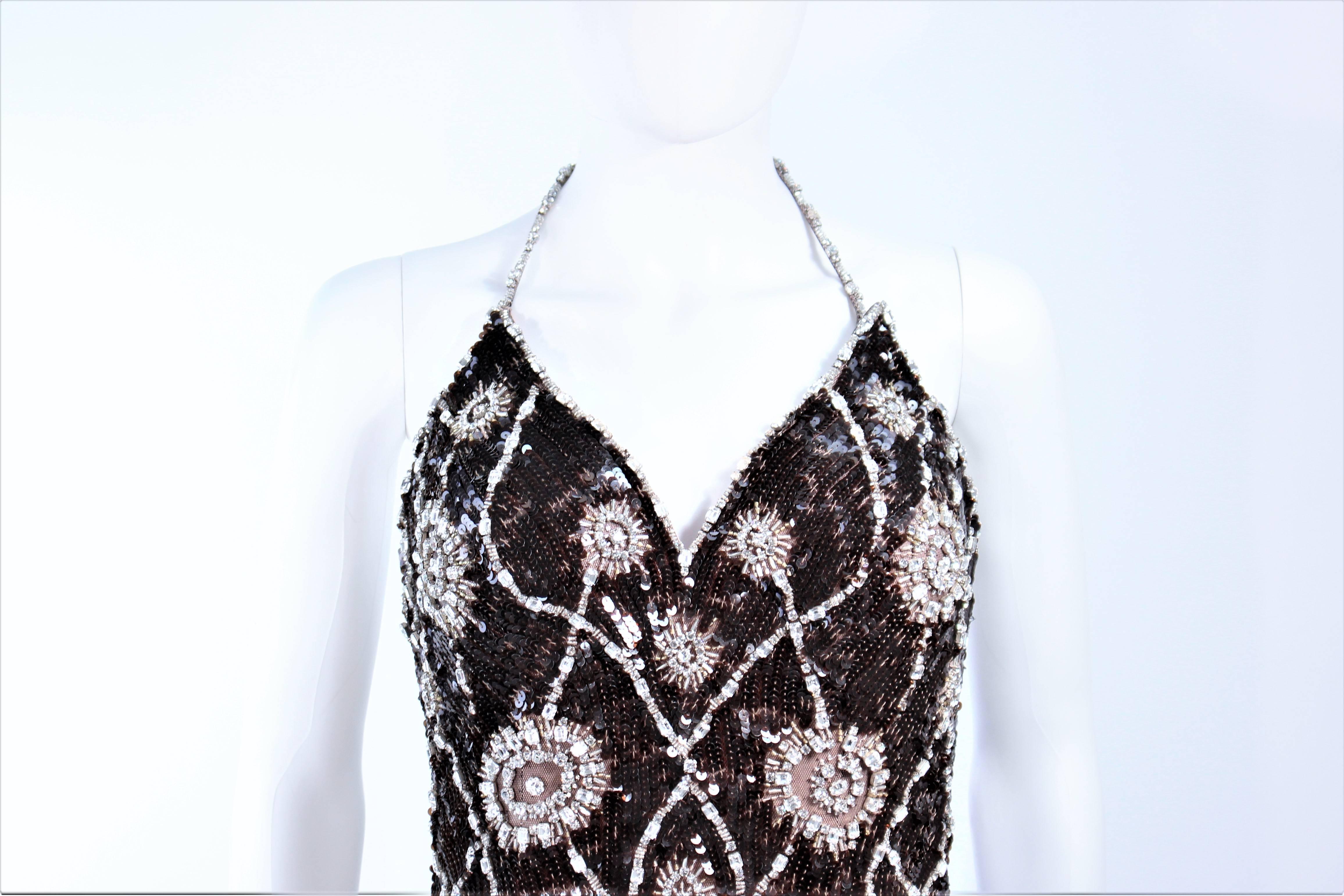 Black STEPHEN YEARIK Brown Sequin Rhinestone Floral Embellished Halter Gown Size 4 For Sale