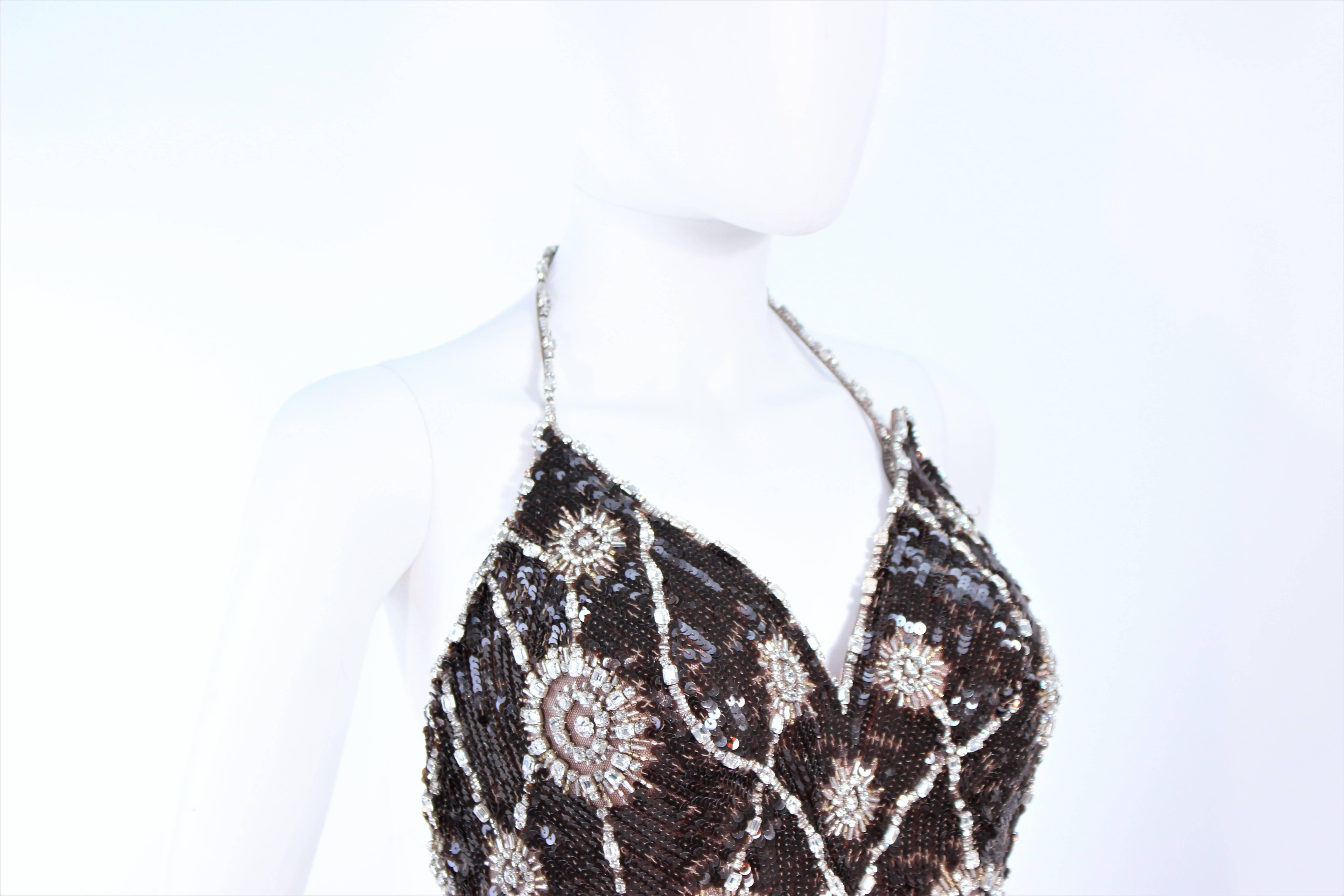 STEPHEN YEARIK Brown Sequin Rhinestone Floral Embellished Halter Gown Size 4 For Sale 1