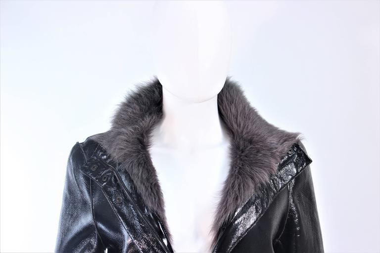 COSTUME NATIONAL Black Patent Leather Grey Goat Jacket Size 6 8 In Excellent Condition For Sale In Los Angeles, CA