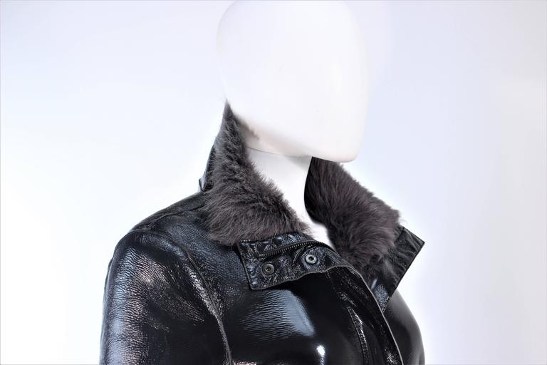 COSTUME NATIONAL Black Patent Leather Grey Goat Jacket Size 6 8 For Sale 4