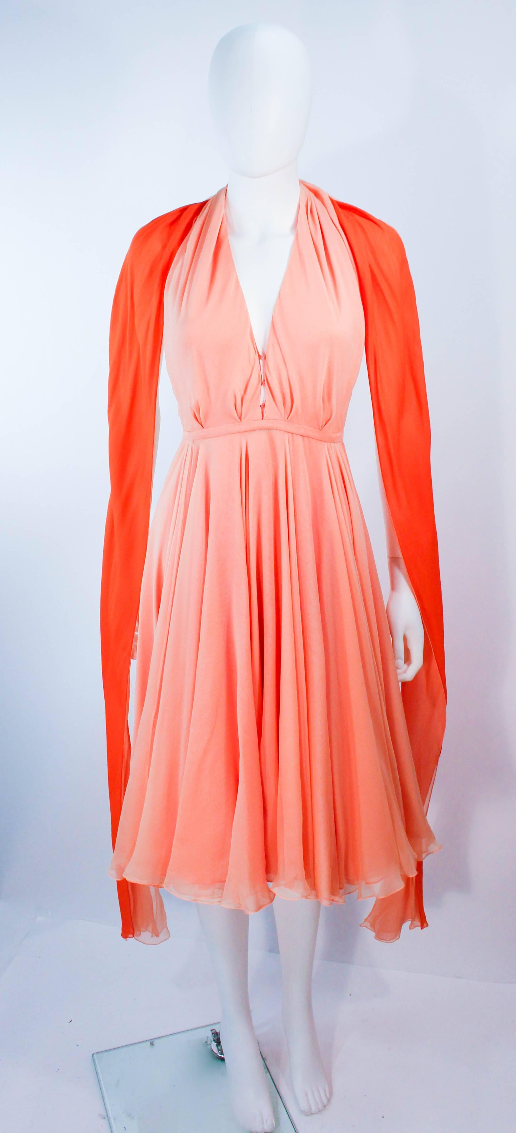 HALSTON 1970's Peach Layered Silk Chiffon Cocktail Dress Size 2 4 In Excellent Condition In Los Angeles, CA