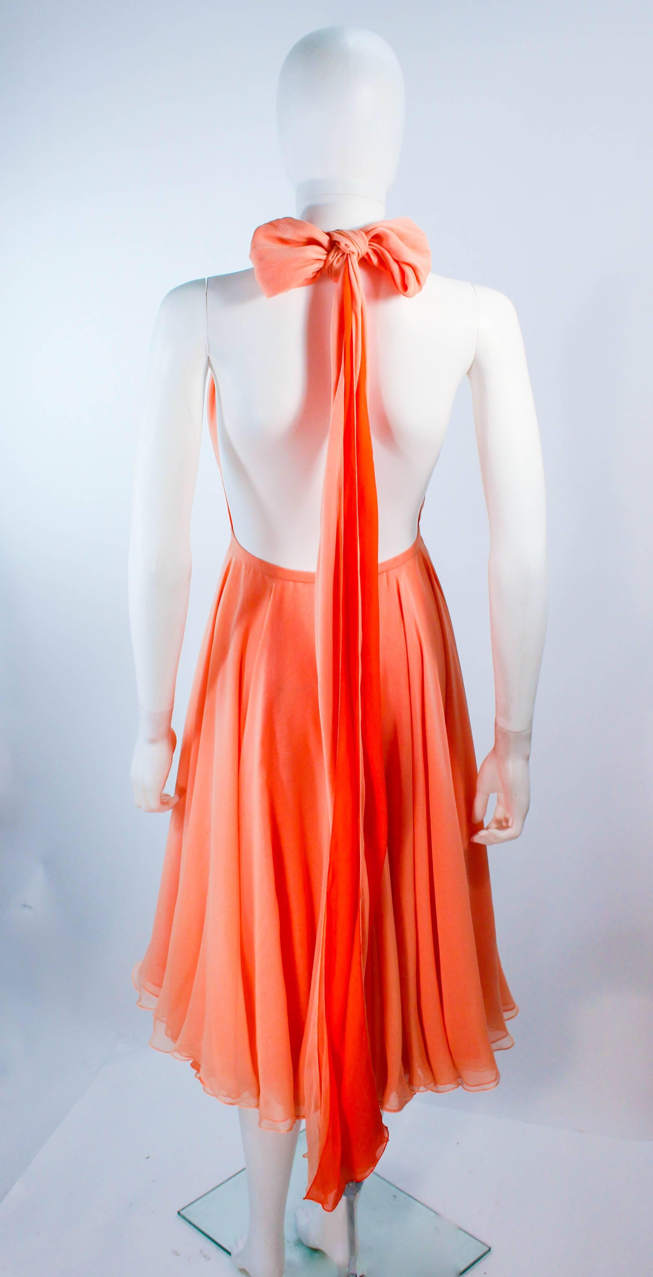 HALSTON 1970's Peach Layered Silk Chiffon Cocktail Dress Size 2 4 3