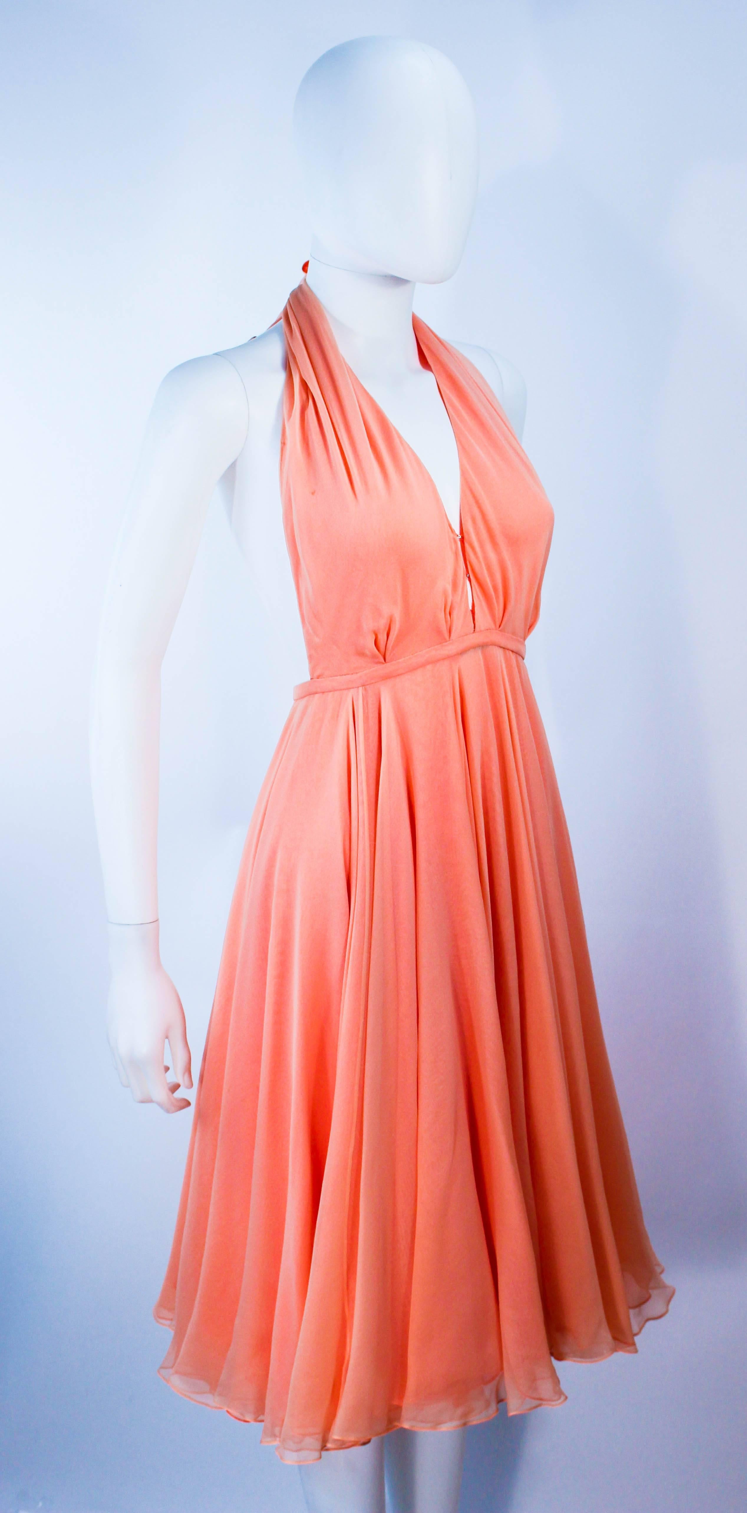 HALSTON 1970's Peach Layered Silk Chiffon Cocktail Dress Size 2 4 1