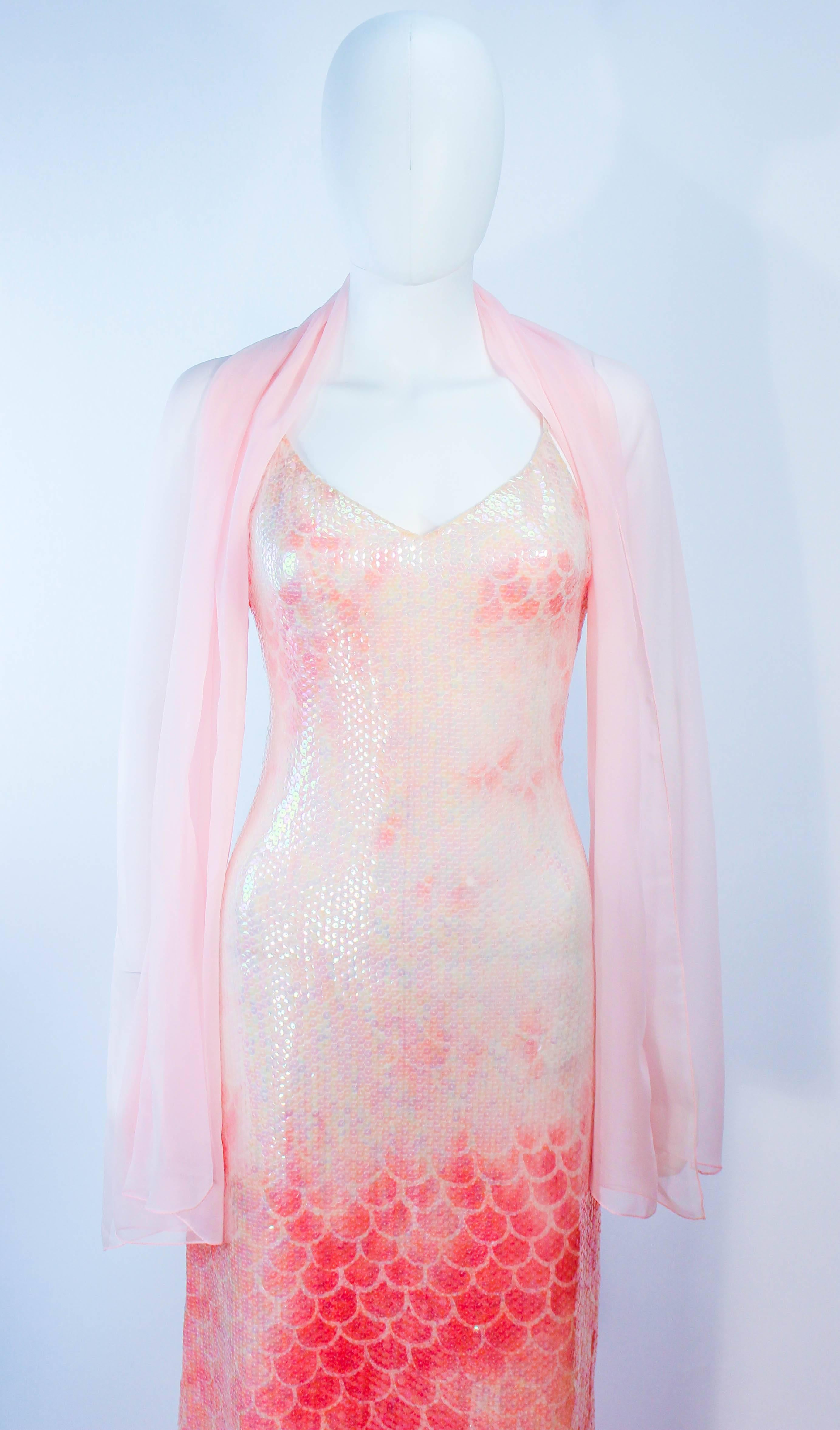 Women's HALSTON 1970'S Sequin Peach Patterned Gown with Wrap Size 2 4