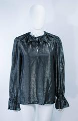 OSCAR DE LA RENTA Black and Silver Lame Blouse with Ruffles Size 12