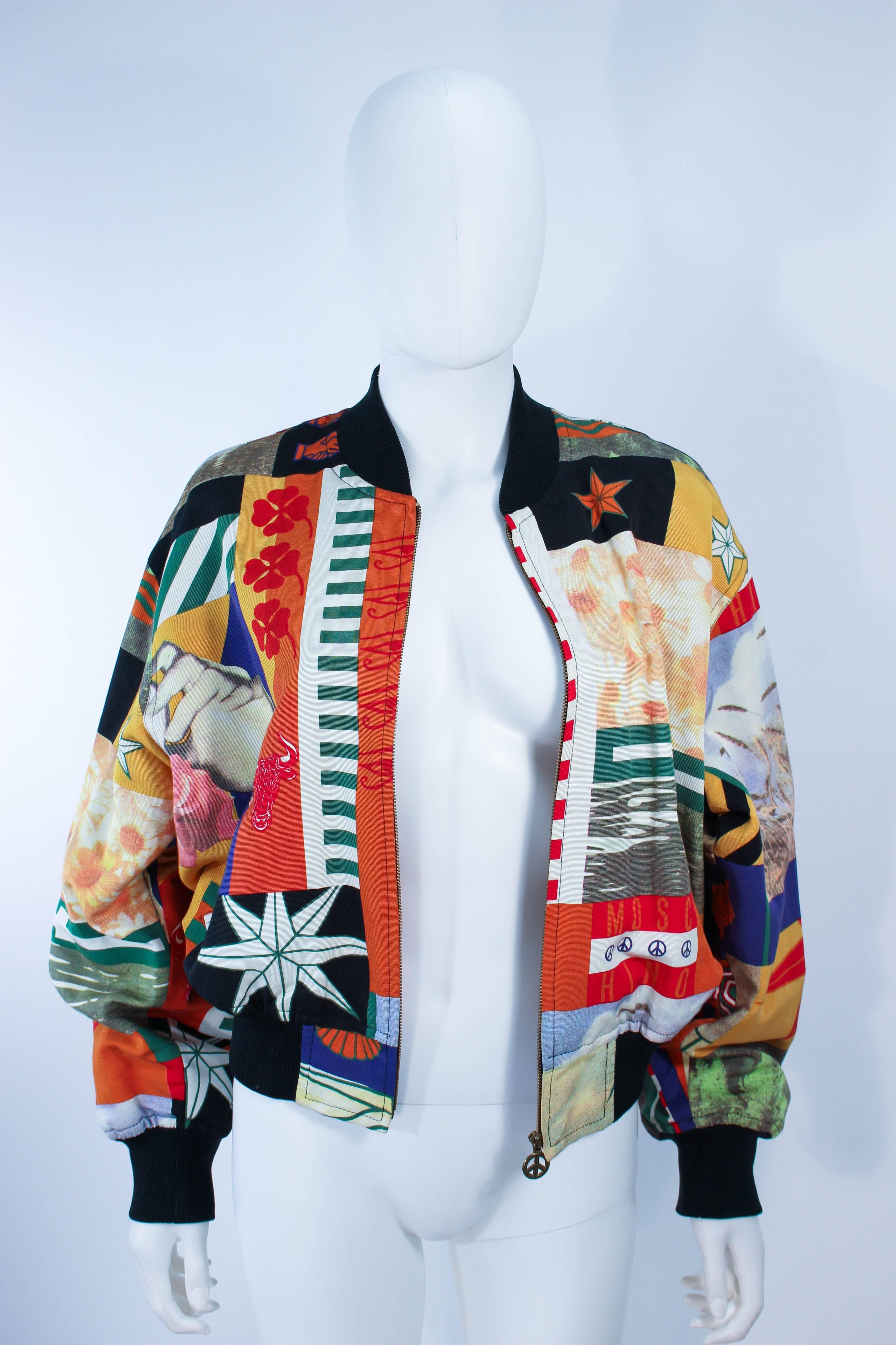 MOSCHINO Bomber Peace Zipper Abstract Art Print Size 44 In Excellent Condition In Los Angeles, CA