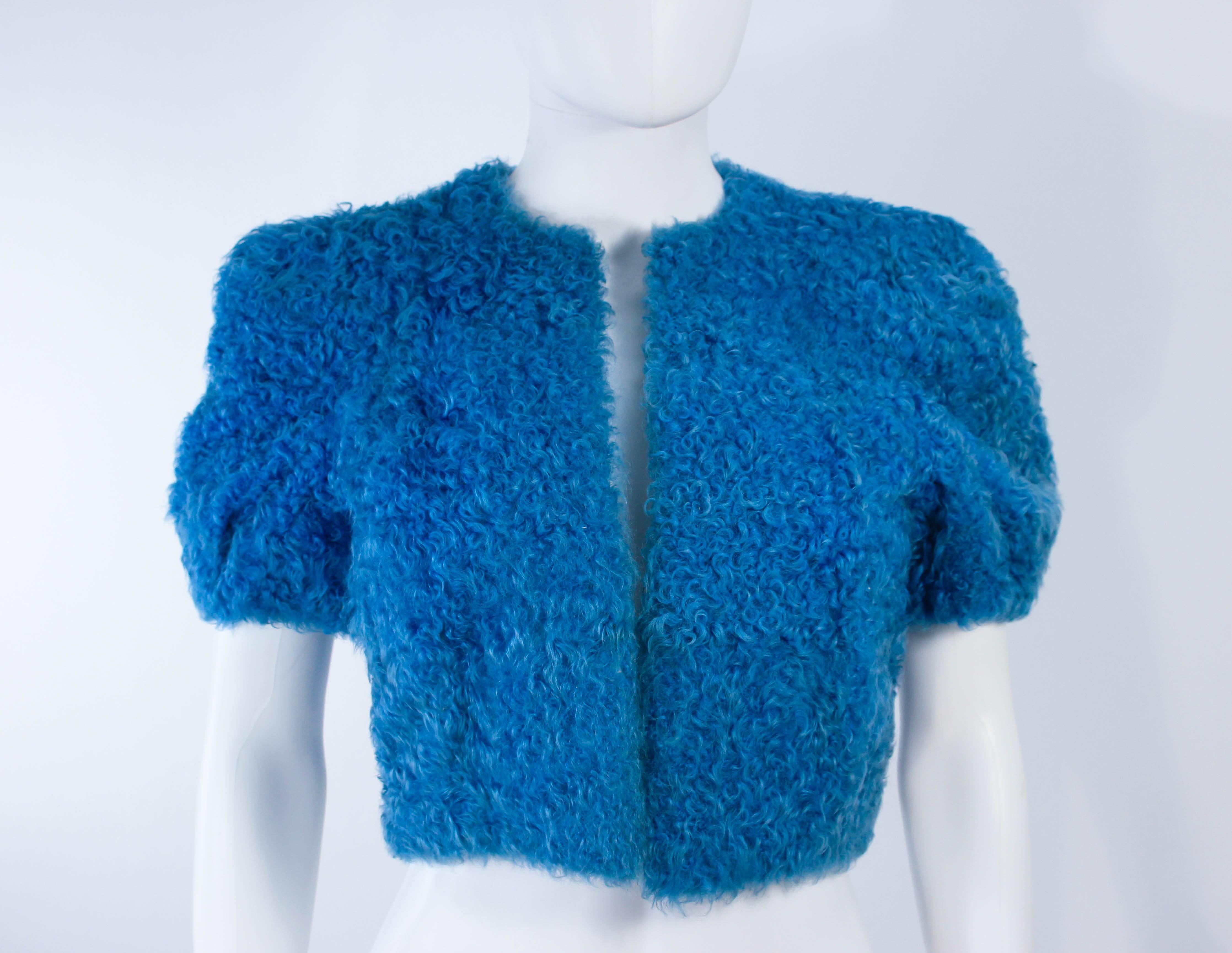 Vintage 1950's Blue Curly Lamb Cropped Jacket Size Small In Excellent Condition For Sale In Los Angeles, CA