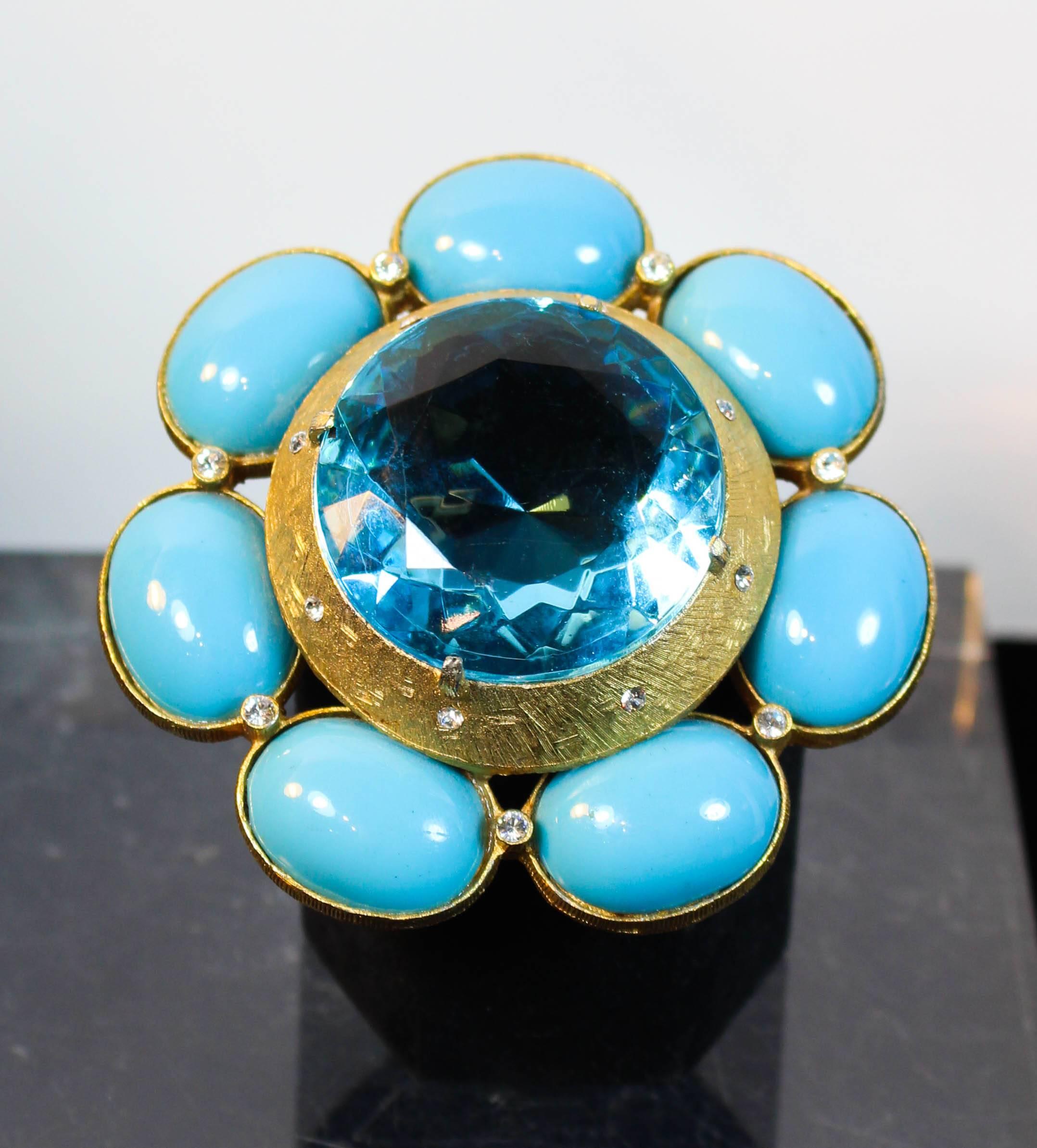 Women's or Men's Briana Turquoise and Gold Hue Brooch with Rhinestones