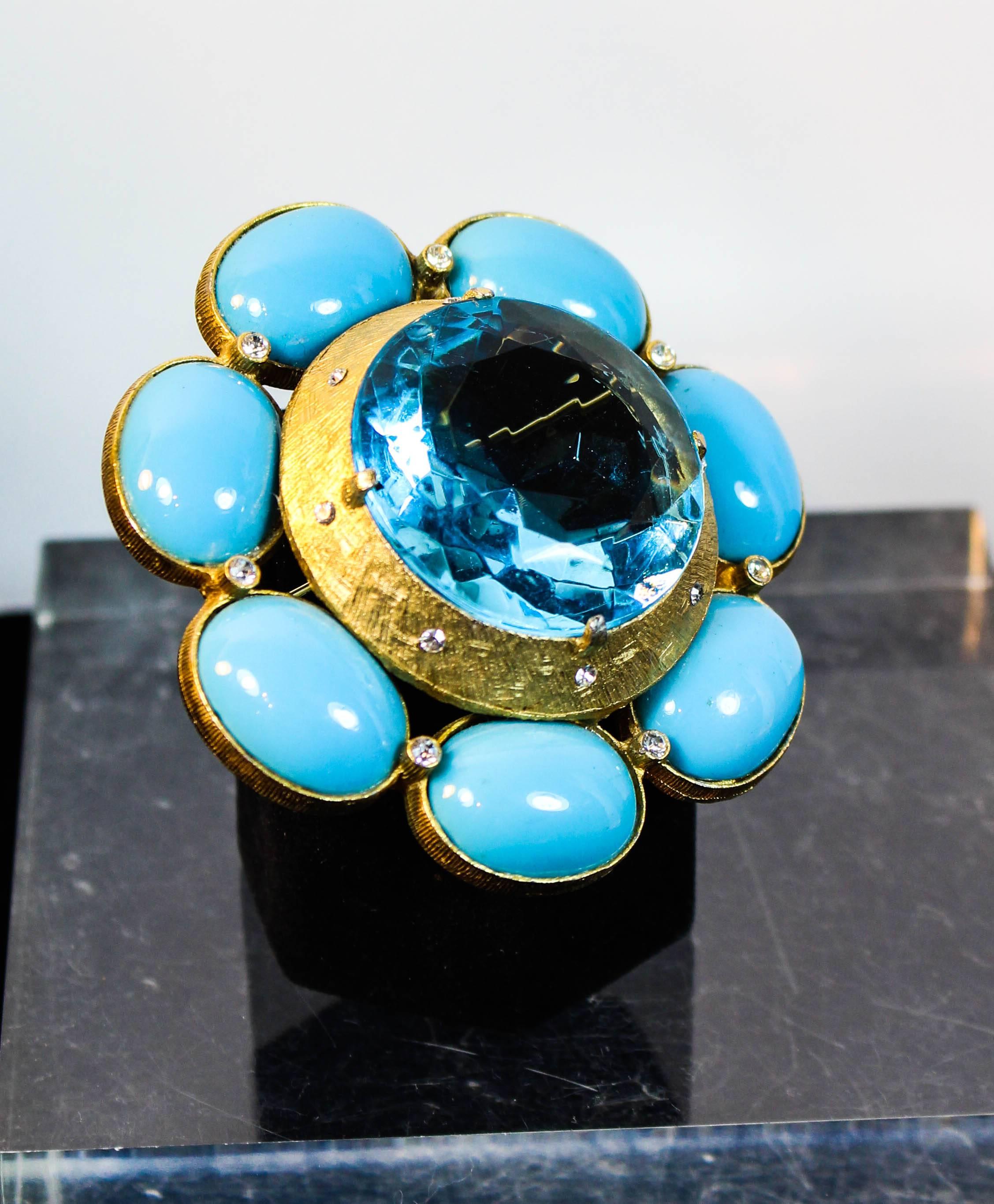 Briana Turquoise and Gold Hue Brooch with Rhinestones 1
