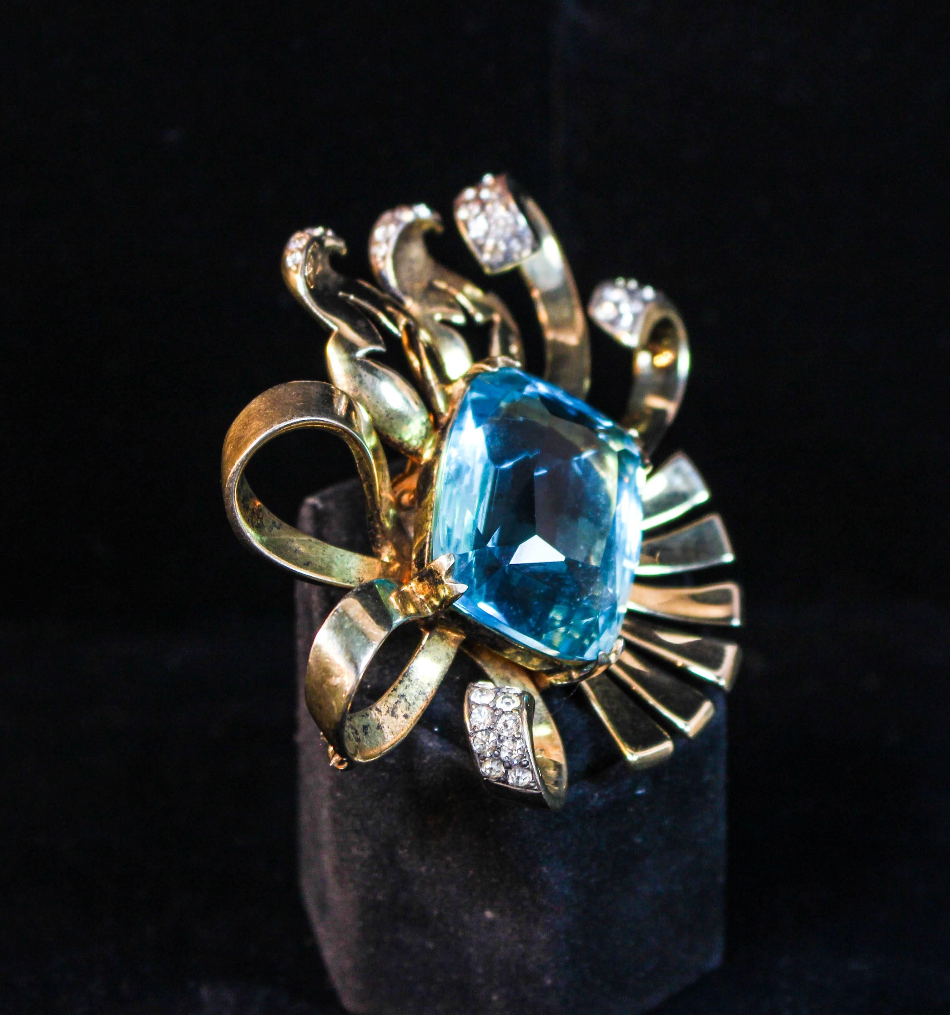Women's or Men's Sterling Brooch with Aqua Rhinestone For Sale