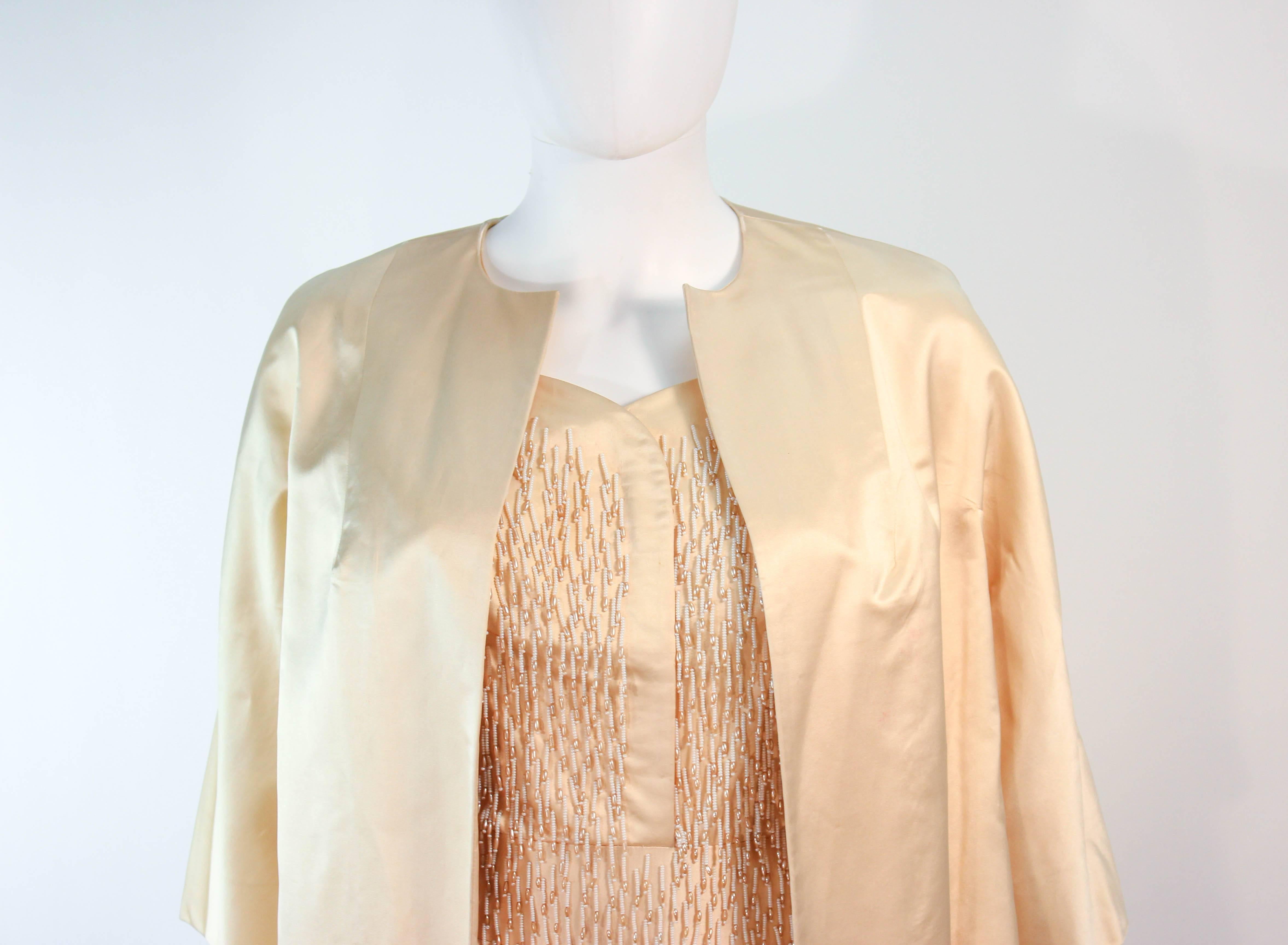 Beige Cream Silk 1960's Beaded Cocktail Dress and Coat Size 6 8 For Sale