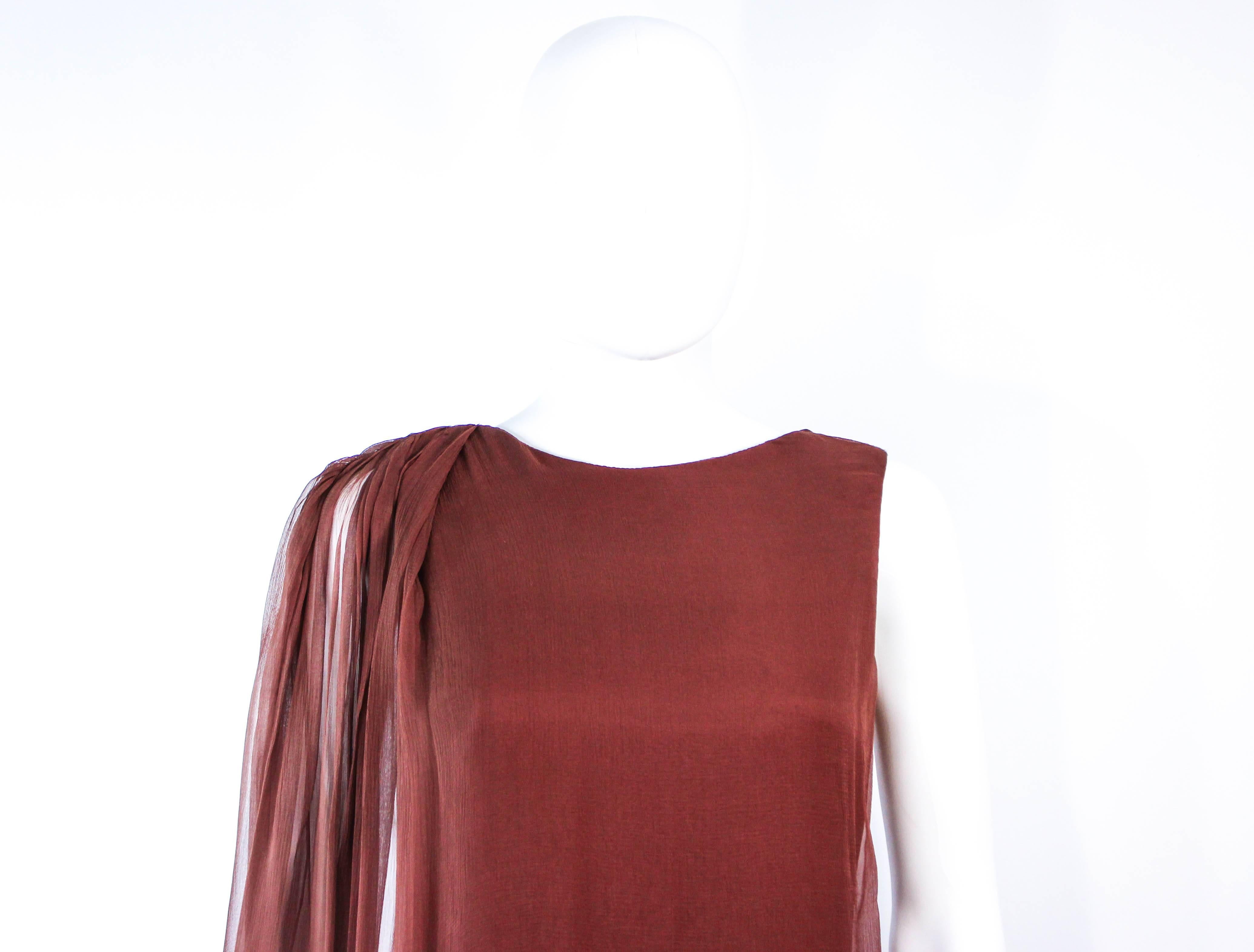 GALANOS 1970's Brown Silk Chiffon Draped Gown Size 4 6 In Excellent Condition For Sale In Los Angeles, CA