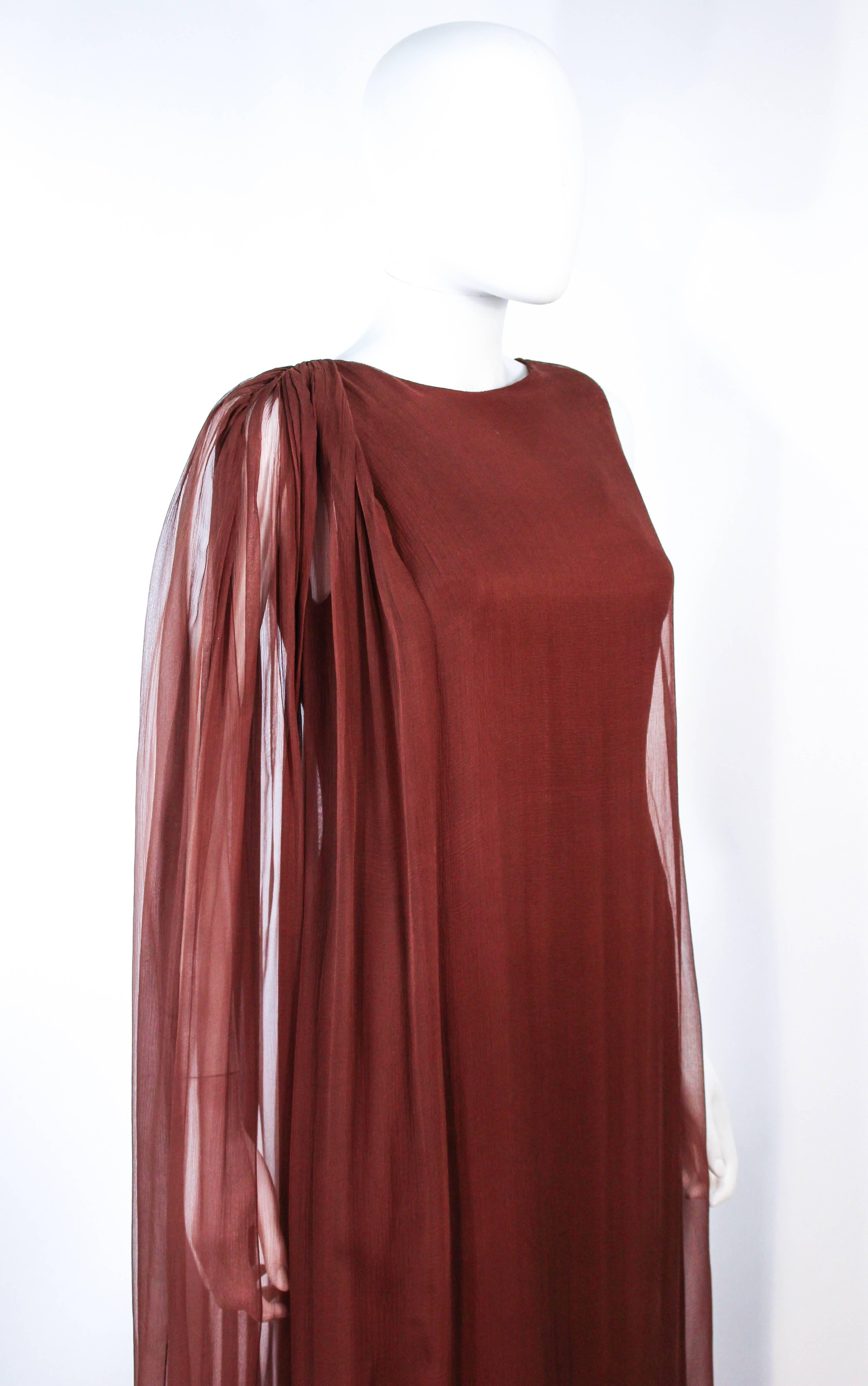 GALANOS 1970's Brown Silk Chiffon Draped Gown Size 4 6 For Sale 1