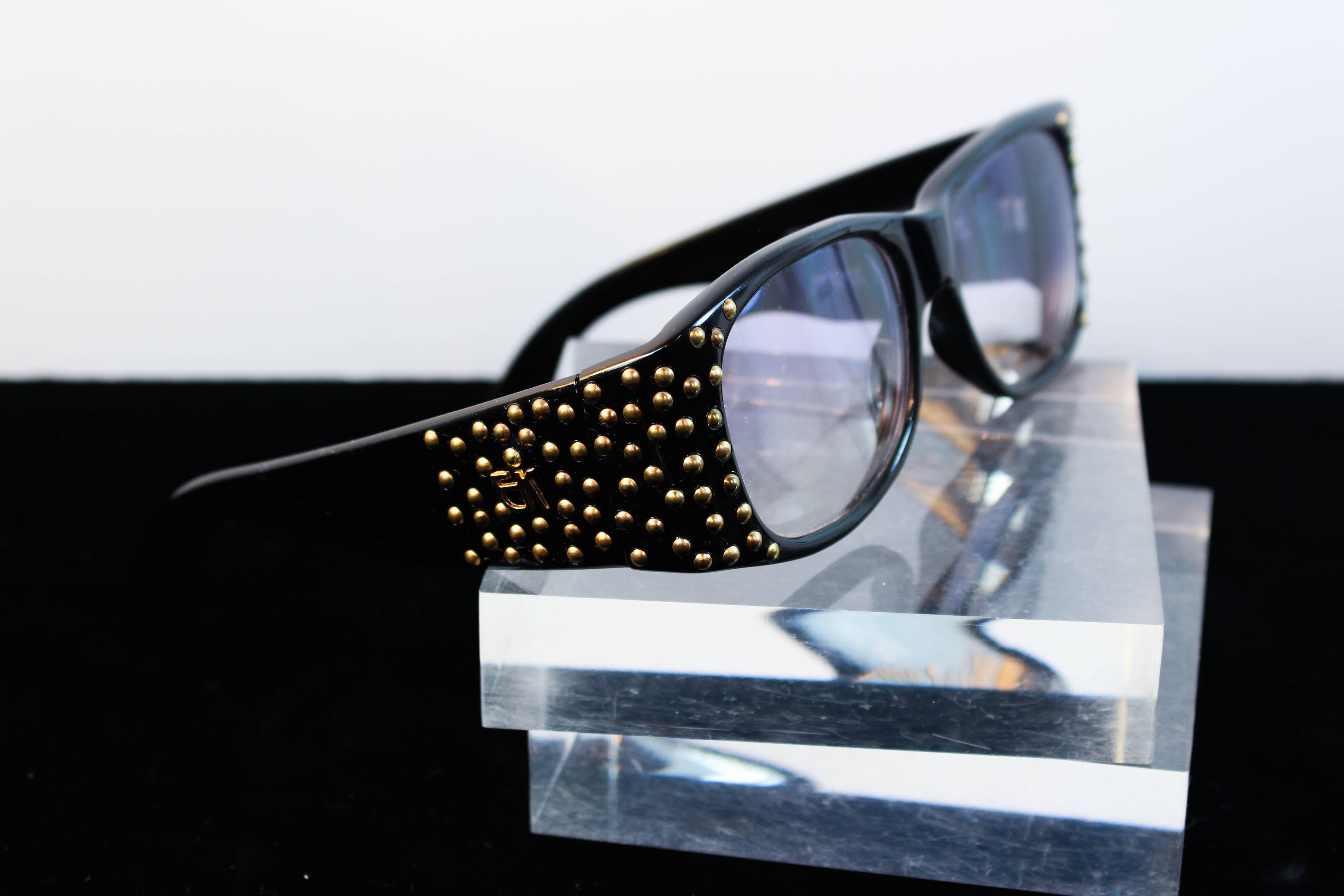 Women's EMMANUELLE KHANH 1980's Black Sunglasses with Gold Metal Stud Accents For Sale