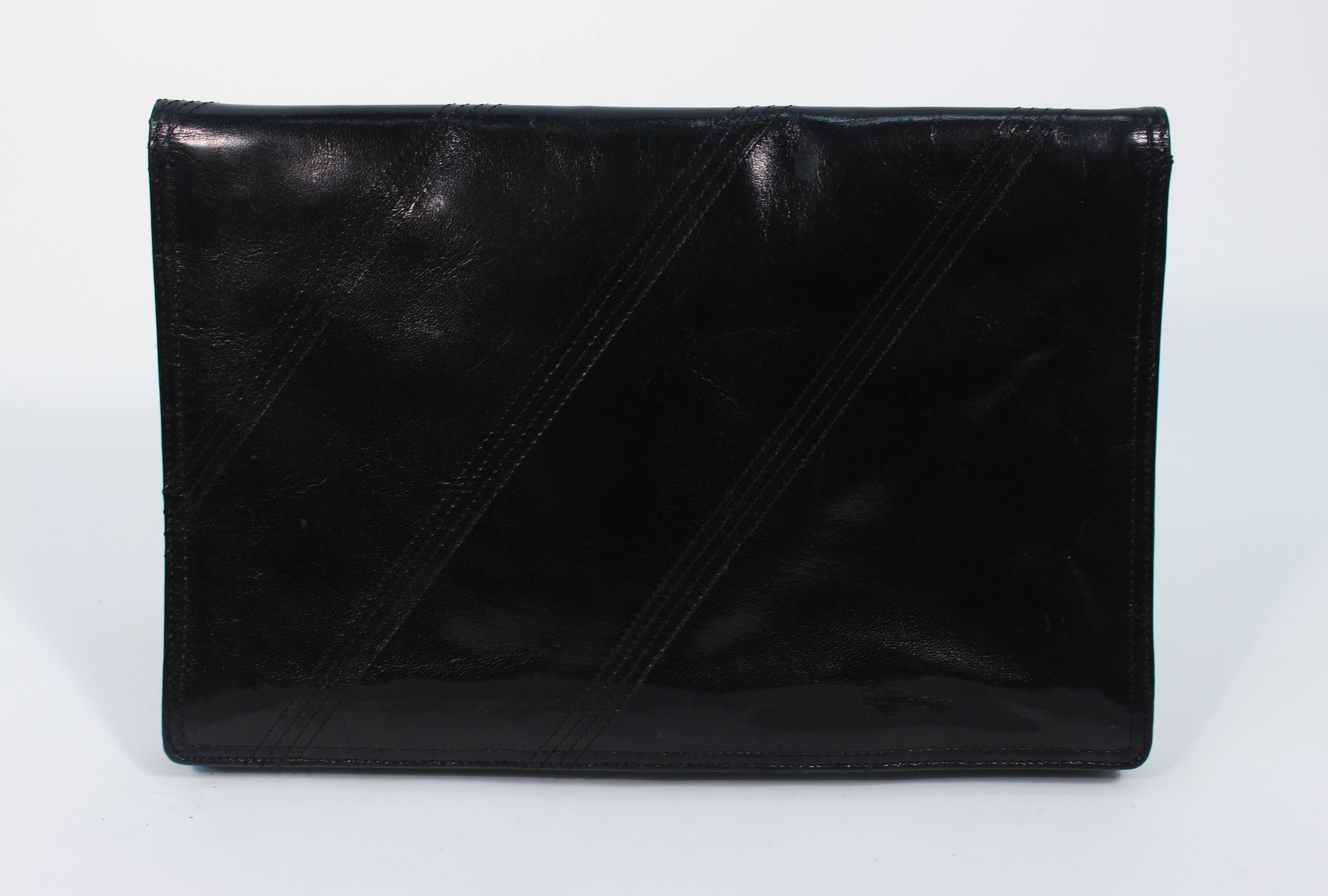 BOTTEGA VENTA Vintage Black Polished Calfskin Clutch with Topstitch Details 1