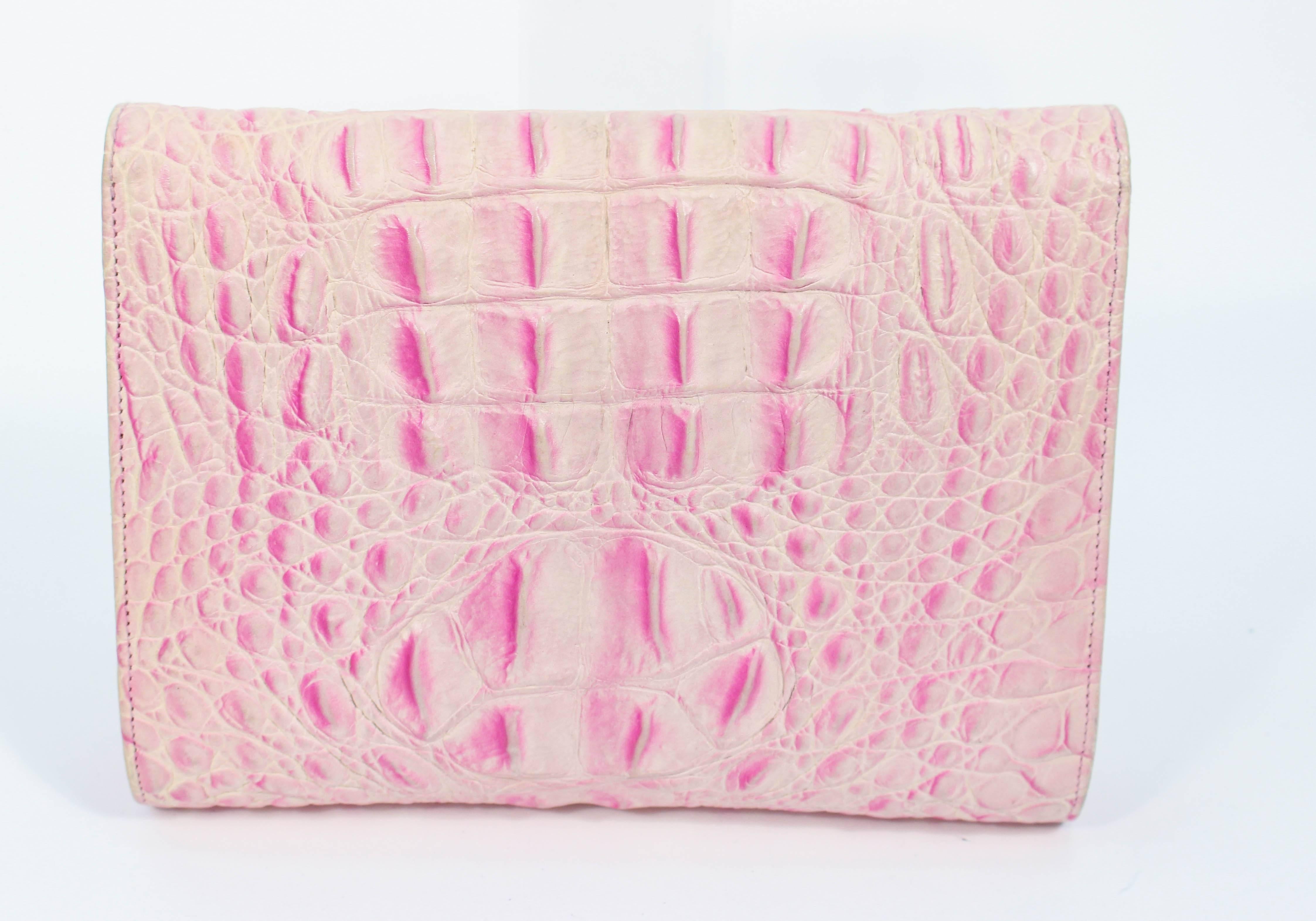 ANDREA PFISTER Pink & White Faux Crocodile Embossed Leather Clutch w/ Rhinestone In Excellent Condition In Los Angeles, CA