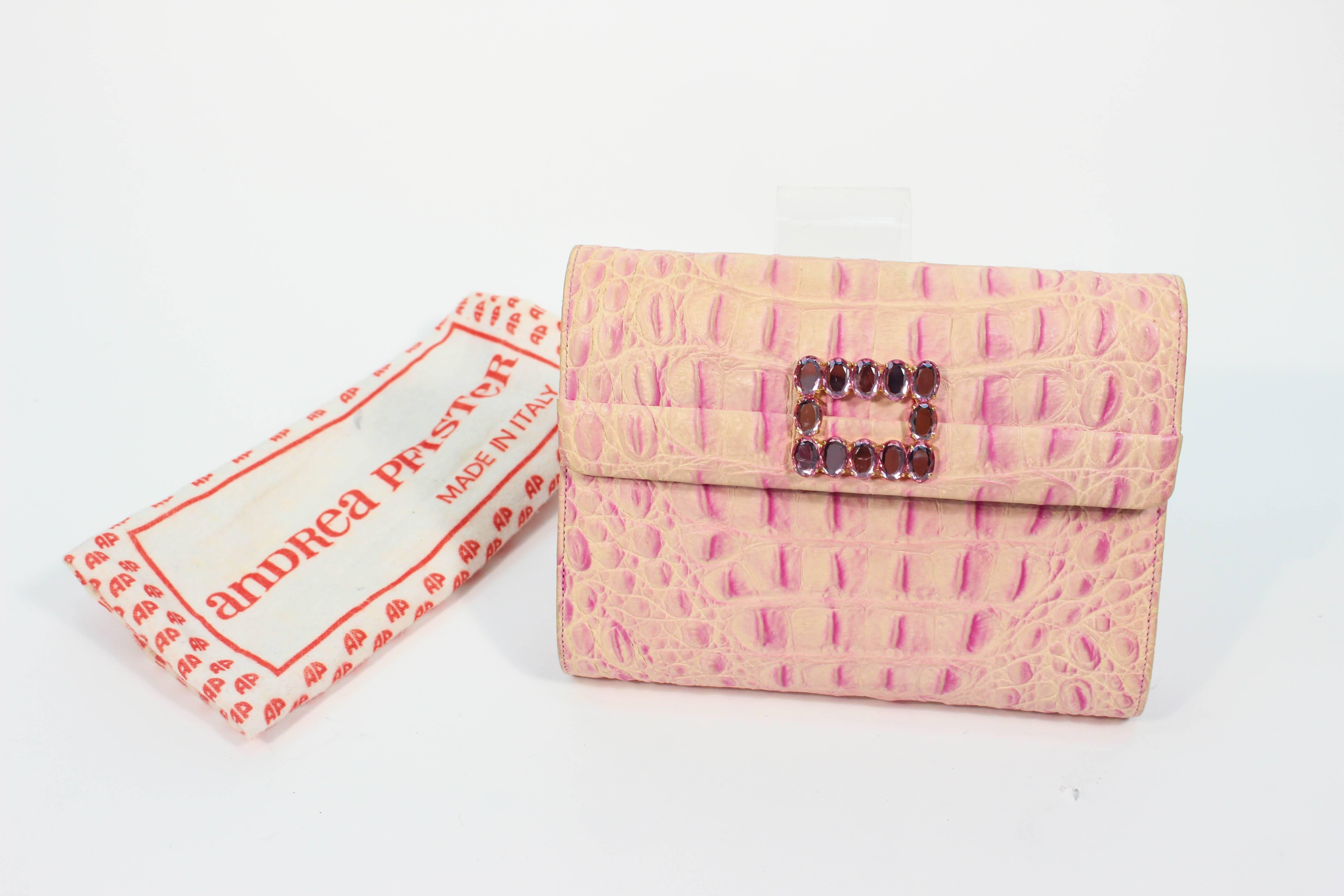 Women's or Men's ANDREA PFISTER Pink & White Faux Crocodile Embossed Leather Clutch w/ Rhinestone