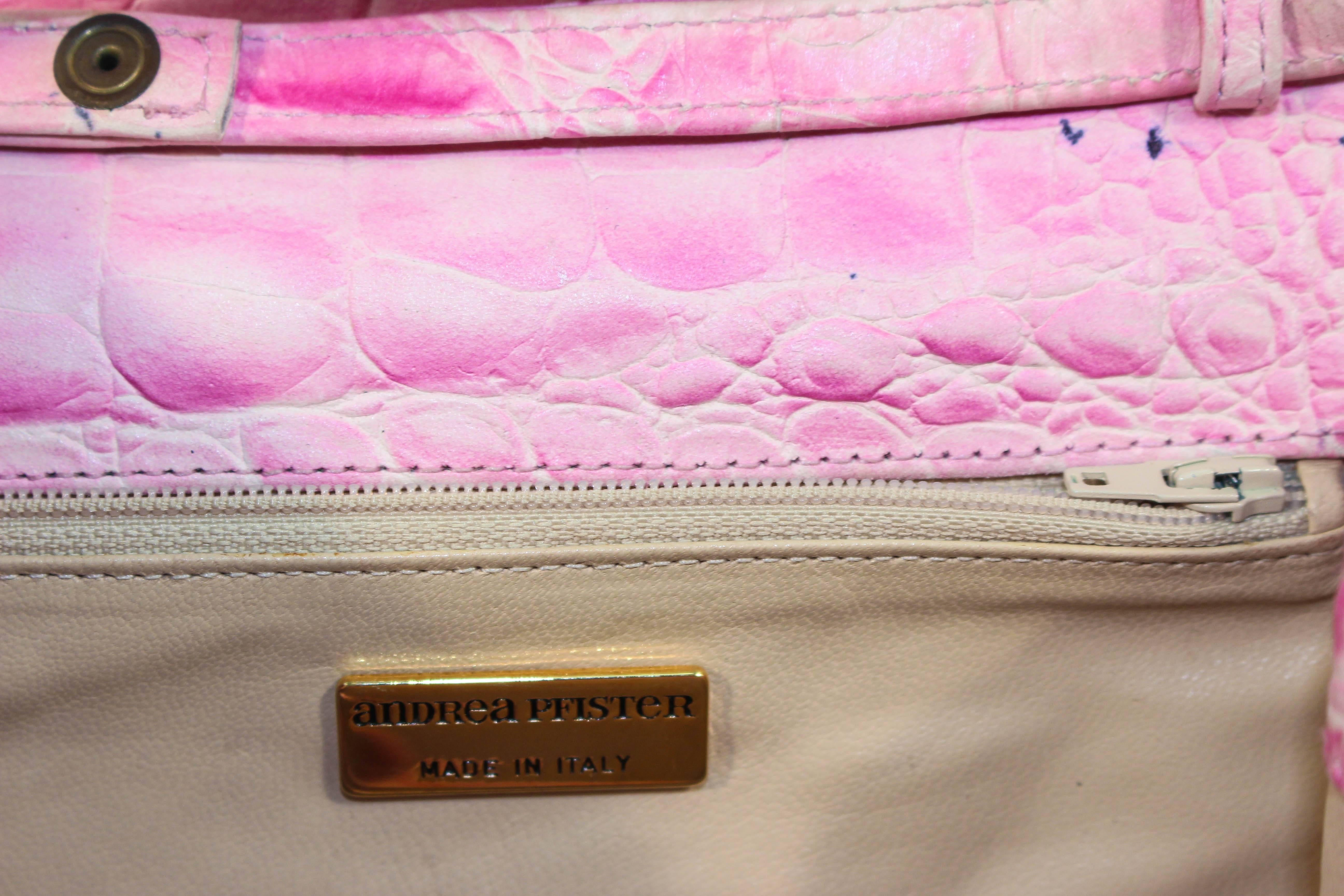 ANDREA PFISTER Pink & White Faux Crocodile Embossed Leather Clutch w/ Rhinestone 1