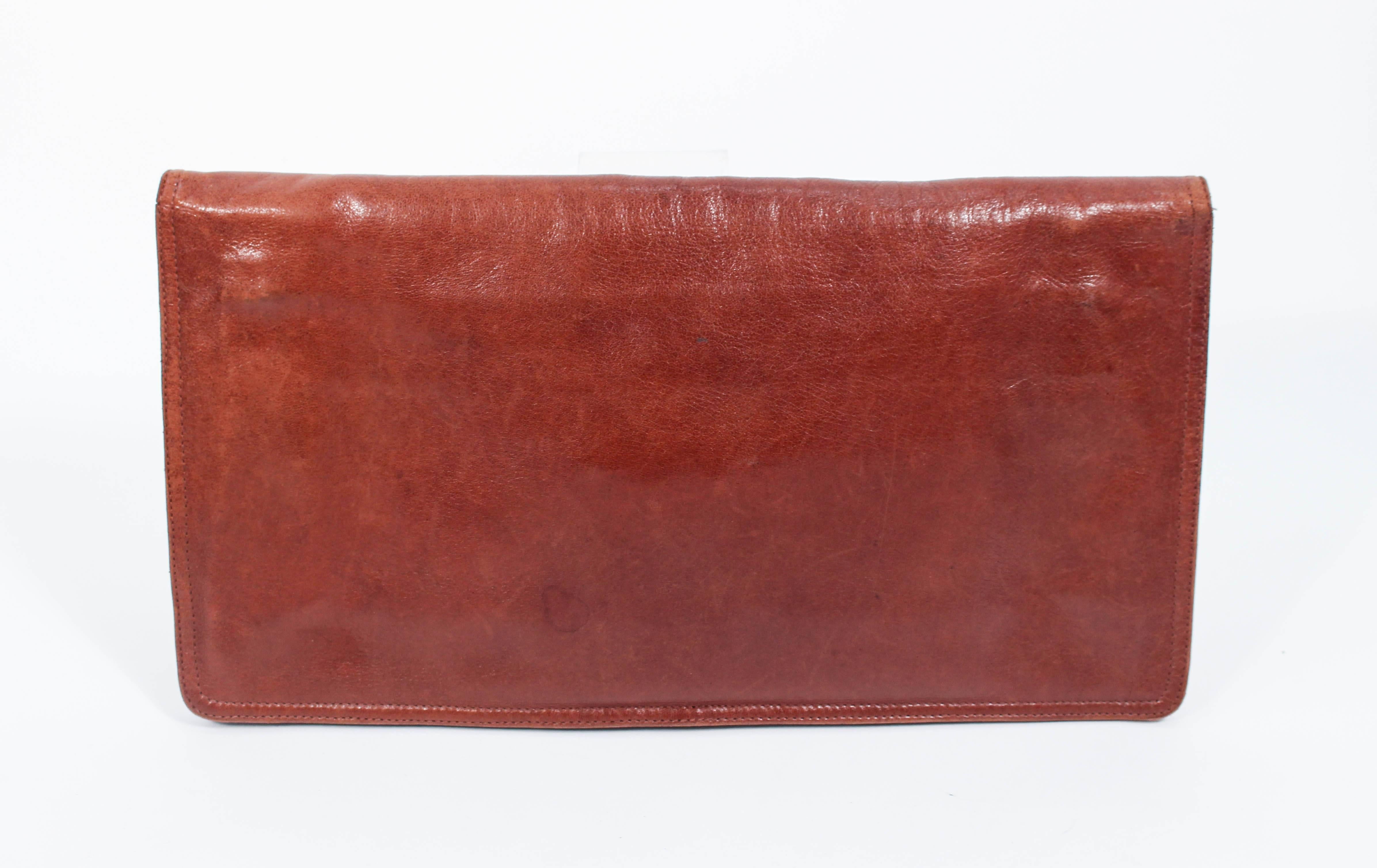 Brown BOTTEGA VENETA Vintage Cognac Leather Clutch with Silver Ring Detail