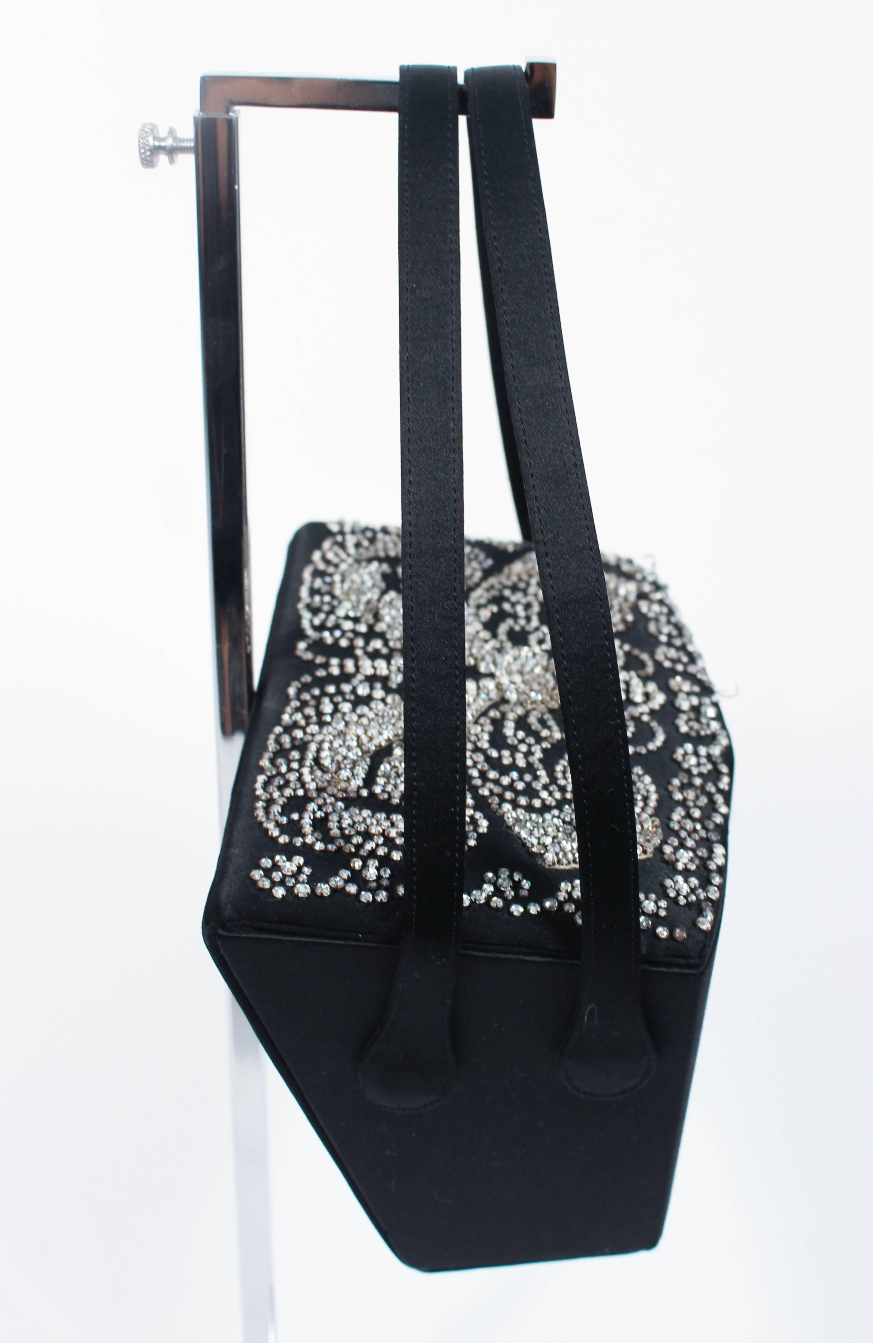 JOSEF Vintage 1950's Black Satin Evening Box Purse with Pave Rhinestone Top In Excellent Condition In Los Angeles, CA