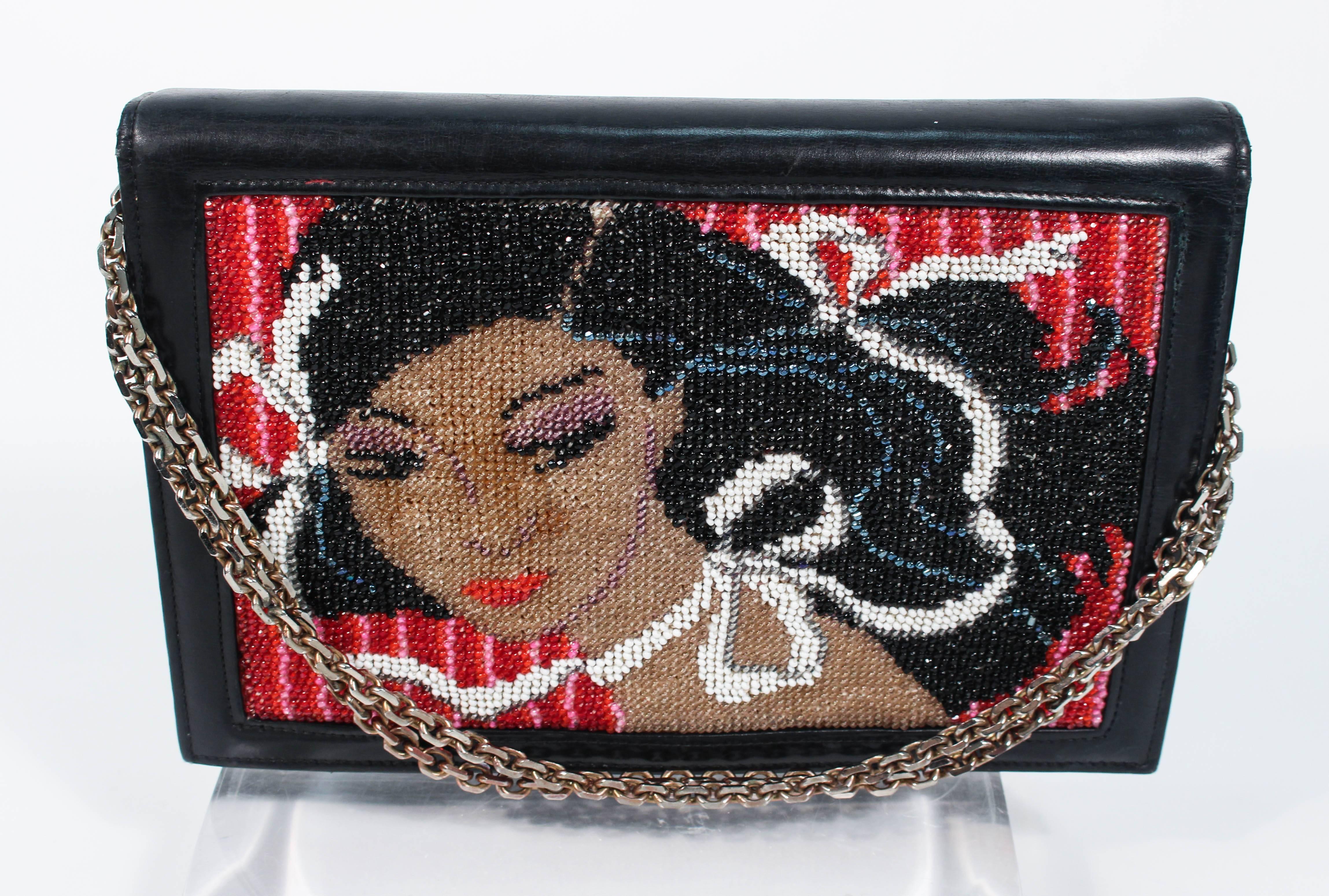 Women's or Men's Vintage Black Leather Portrait Art Beaded Clutch with Optional Gold Chain