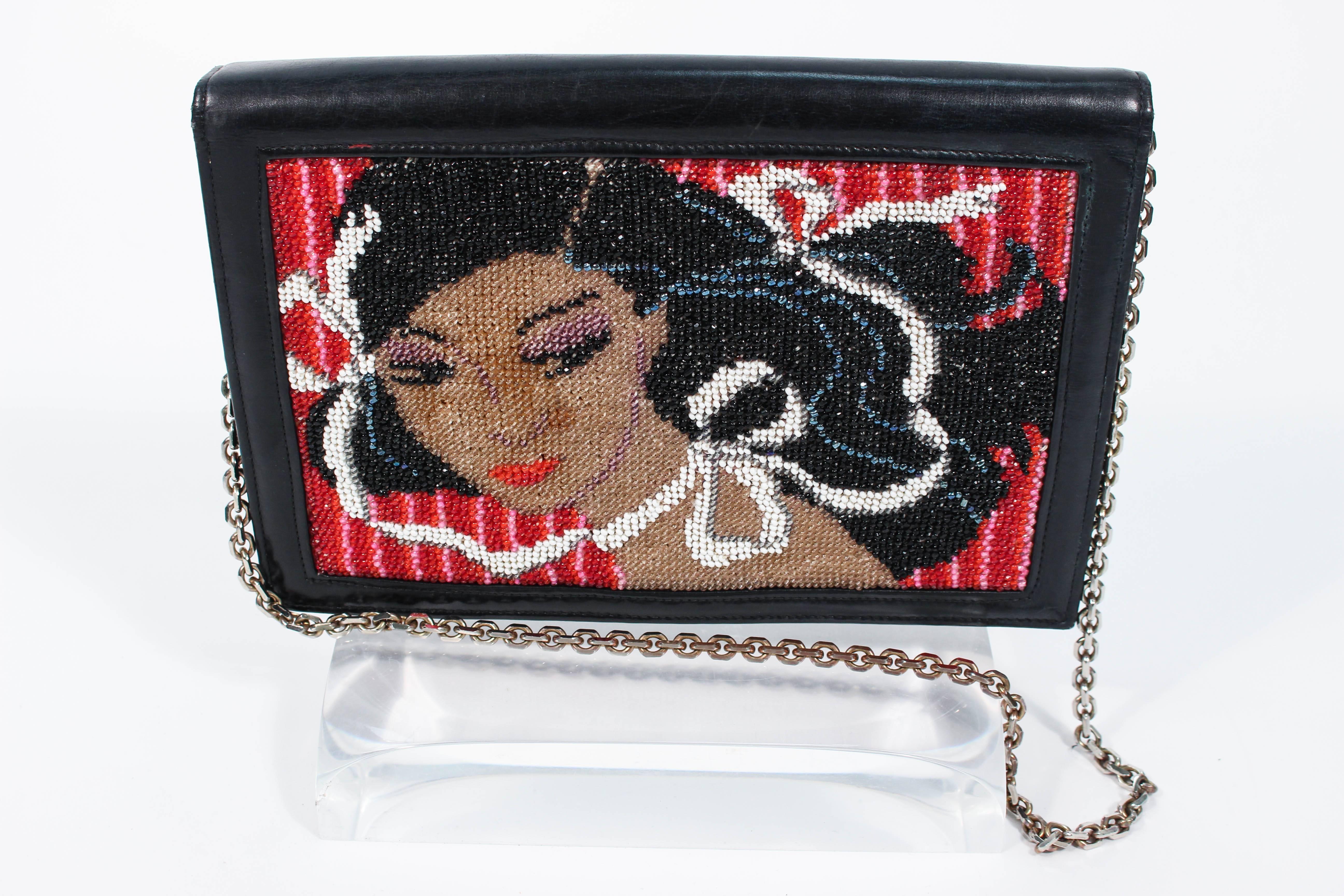 Vintage Black Leather Portrait Art Beaded Clutch with Optional Gold Chain In Excellent Condition In Los Angeles, CA