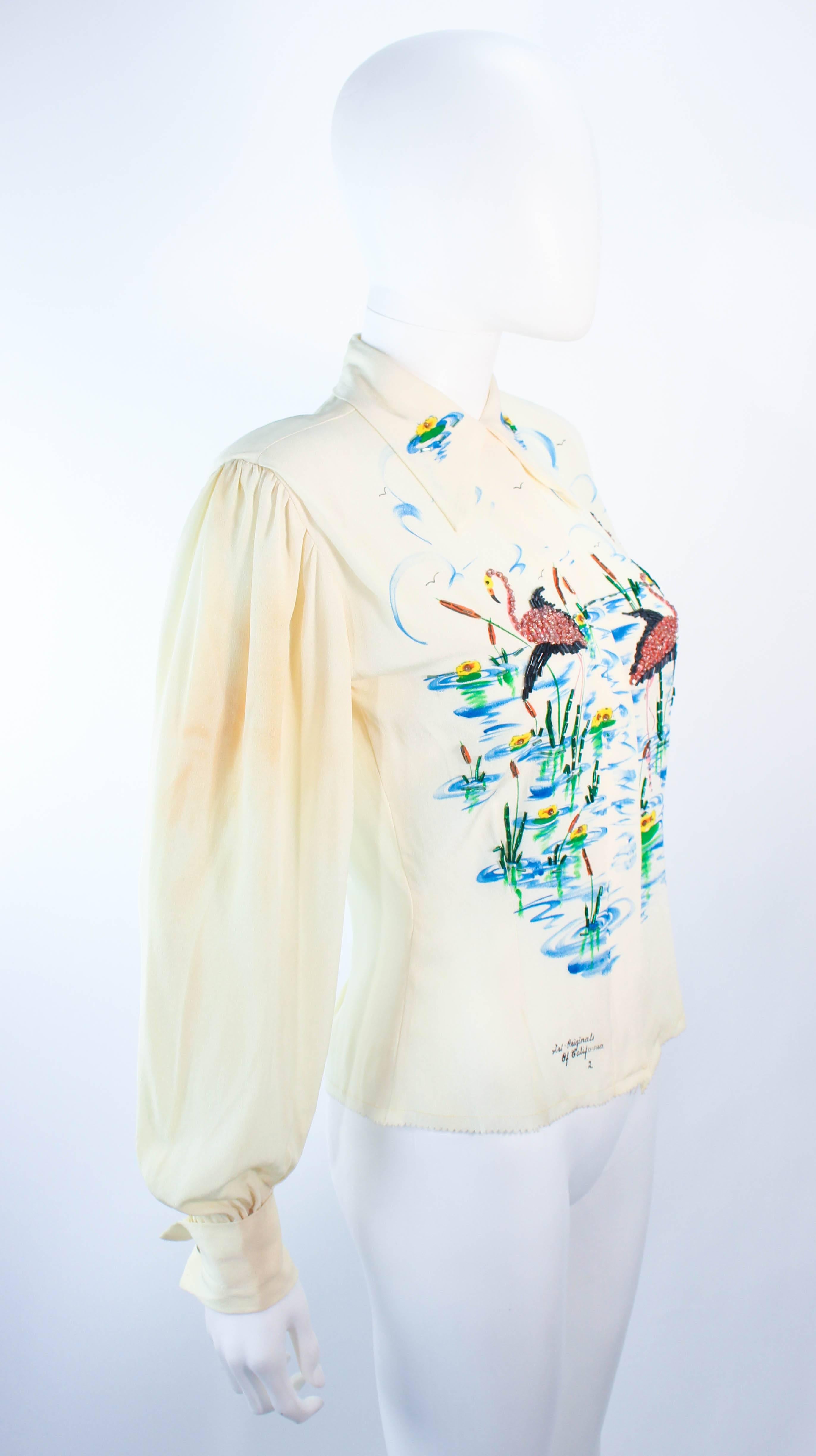 White ART ORIGINALS CALIFORNIA 1950s Hand Painted Silk Ivory Blouse Flamingoes & BeadS