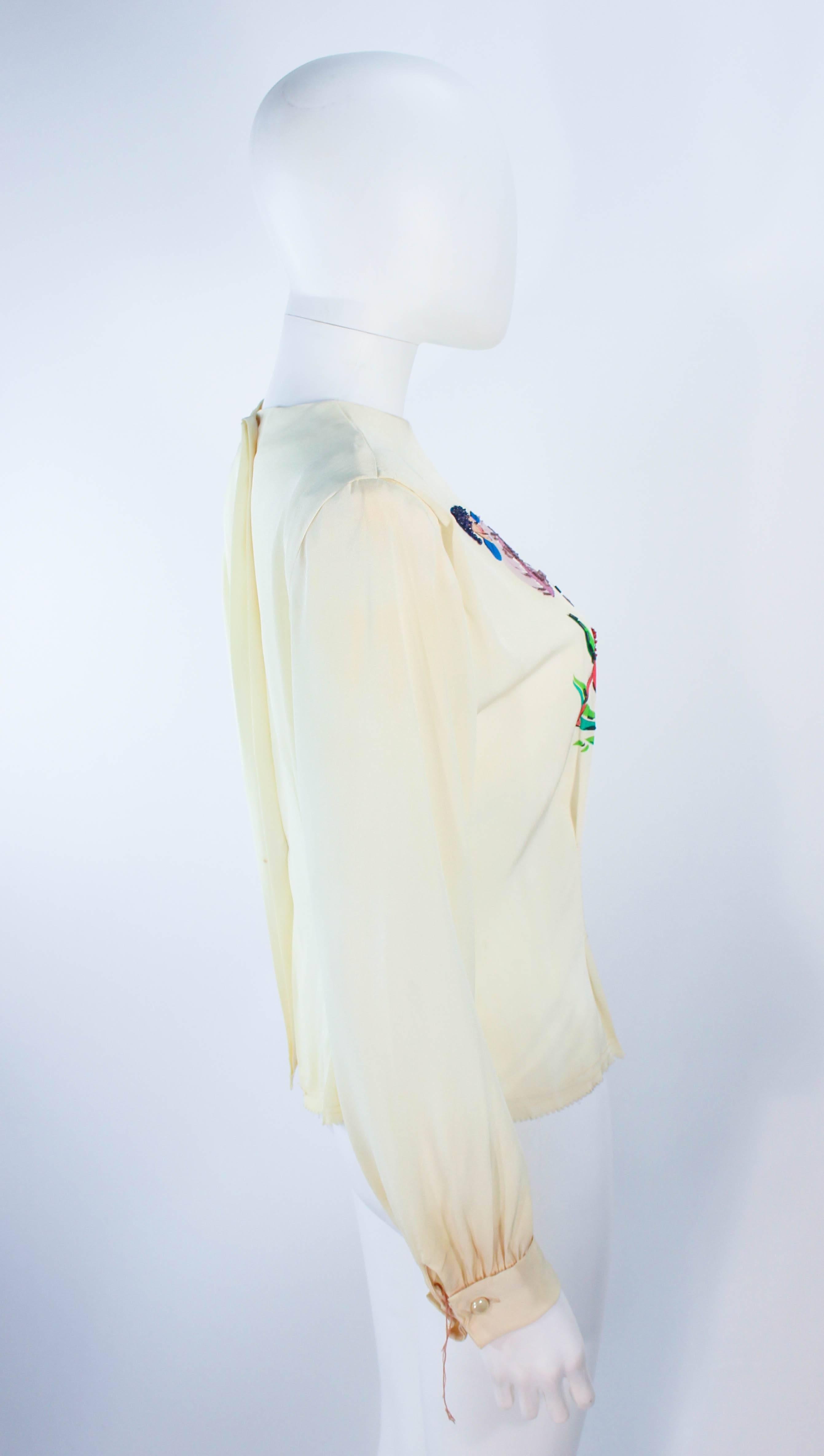 Gray ART ORIGINALS OF CALIFORNIA Hand Painted Silk Ivory Blouse Fairies on Mushrooms