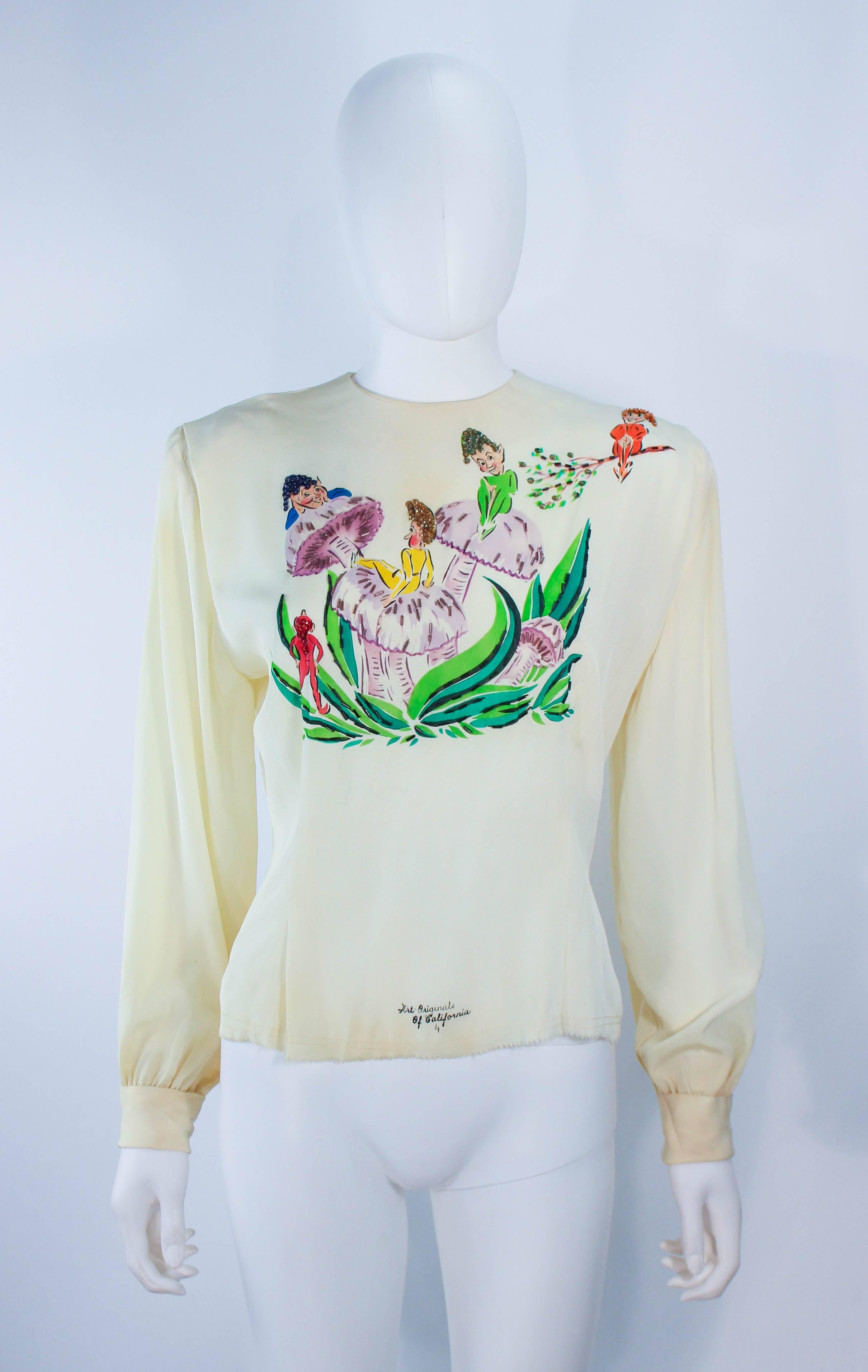 This Art Originals of California blouse is composed of an ivory silk. Features a hand painted design with beaded applique. There are center back button closures with a smaller shoulder pad. In great vintage condition, excellent fr design purposes,