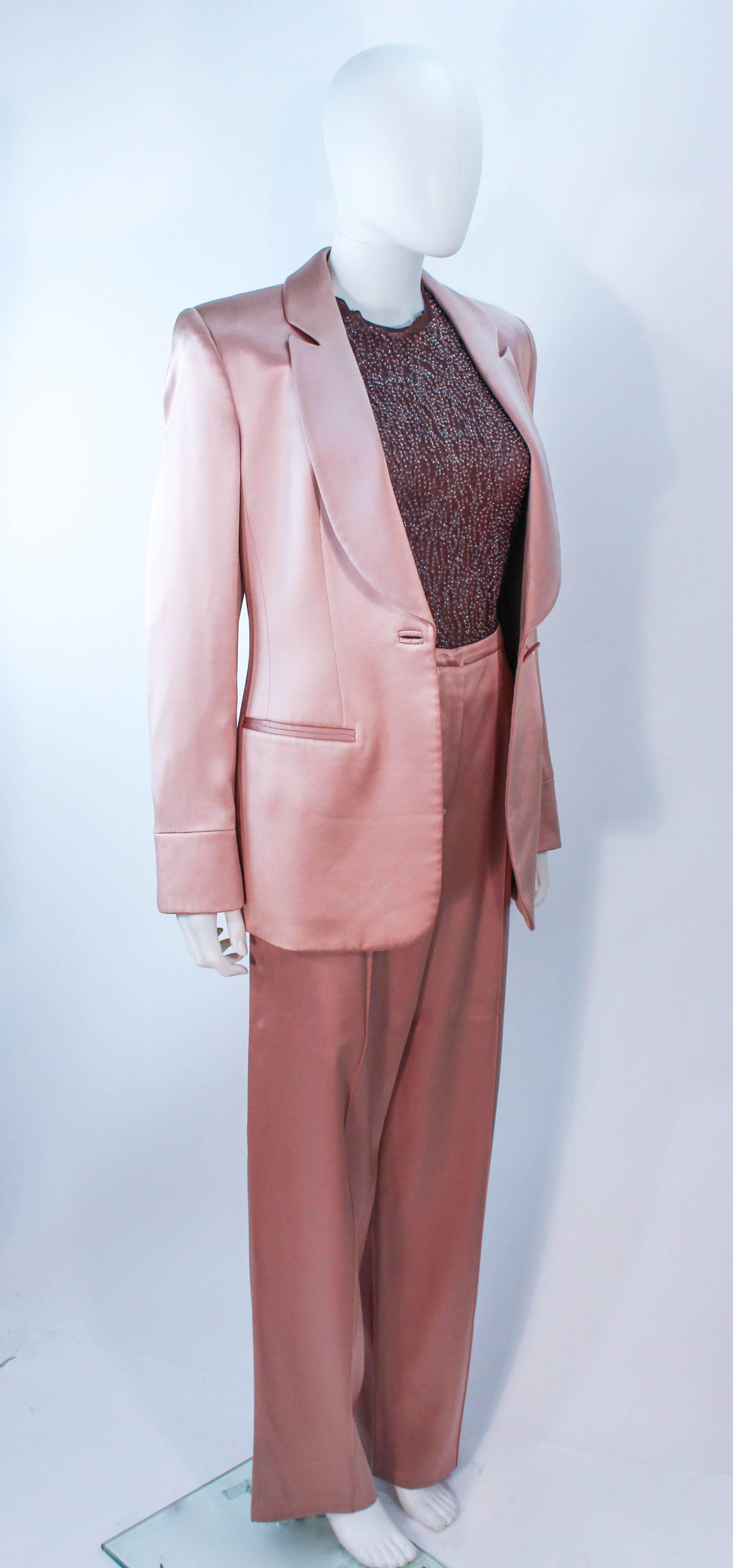 Violet GIORGIO ARMANI - Costume pantalon en soie rose mauve avec body en maille perlée, taille 42 en vente