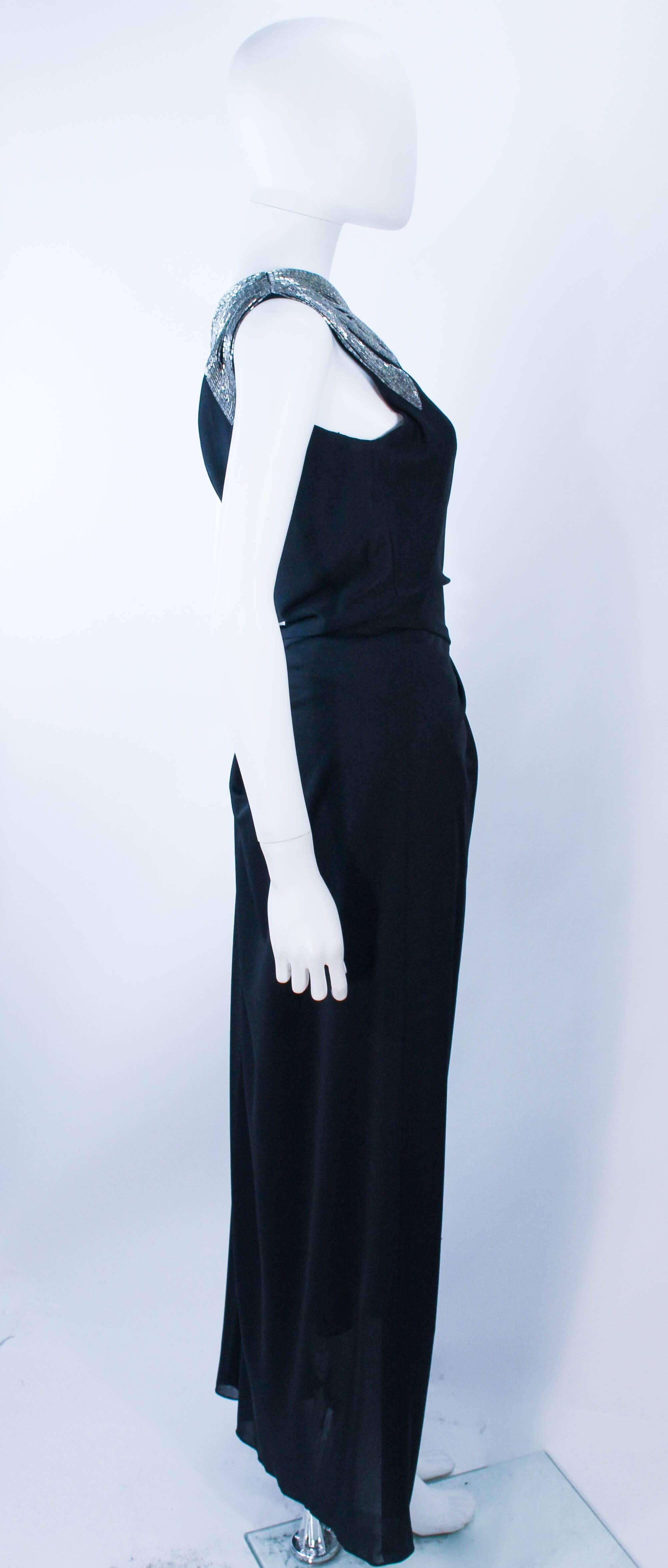 TRAVILLA 1970's Black Draped Jersey Gown with Silver Beaded Applique Size 8 10 4