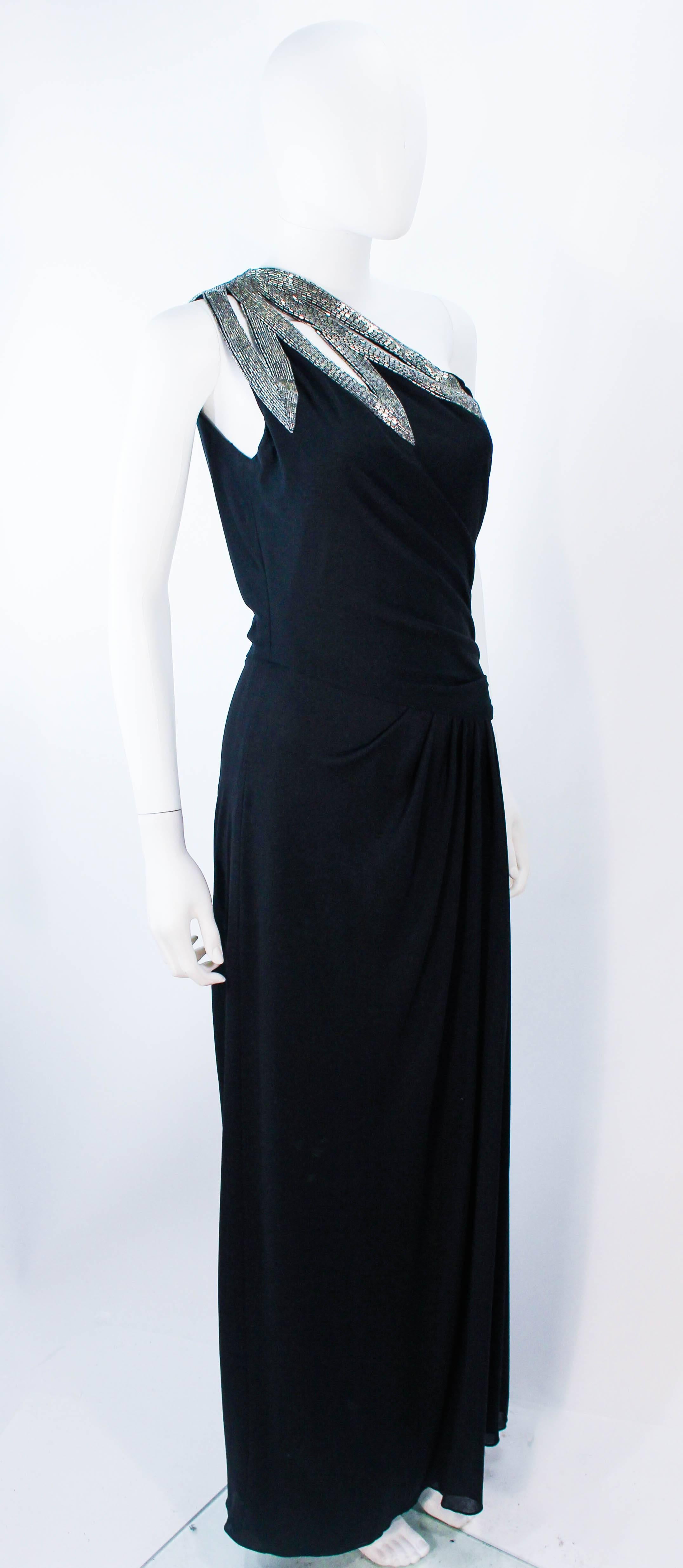 TRAVILLA 1970's Black Draped Jersey Gown with Silver Beaded Applique Size 8 10 1