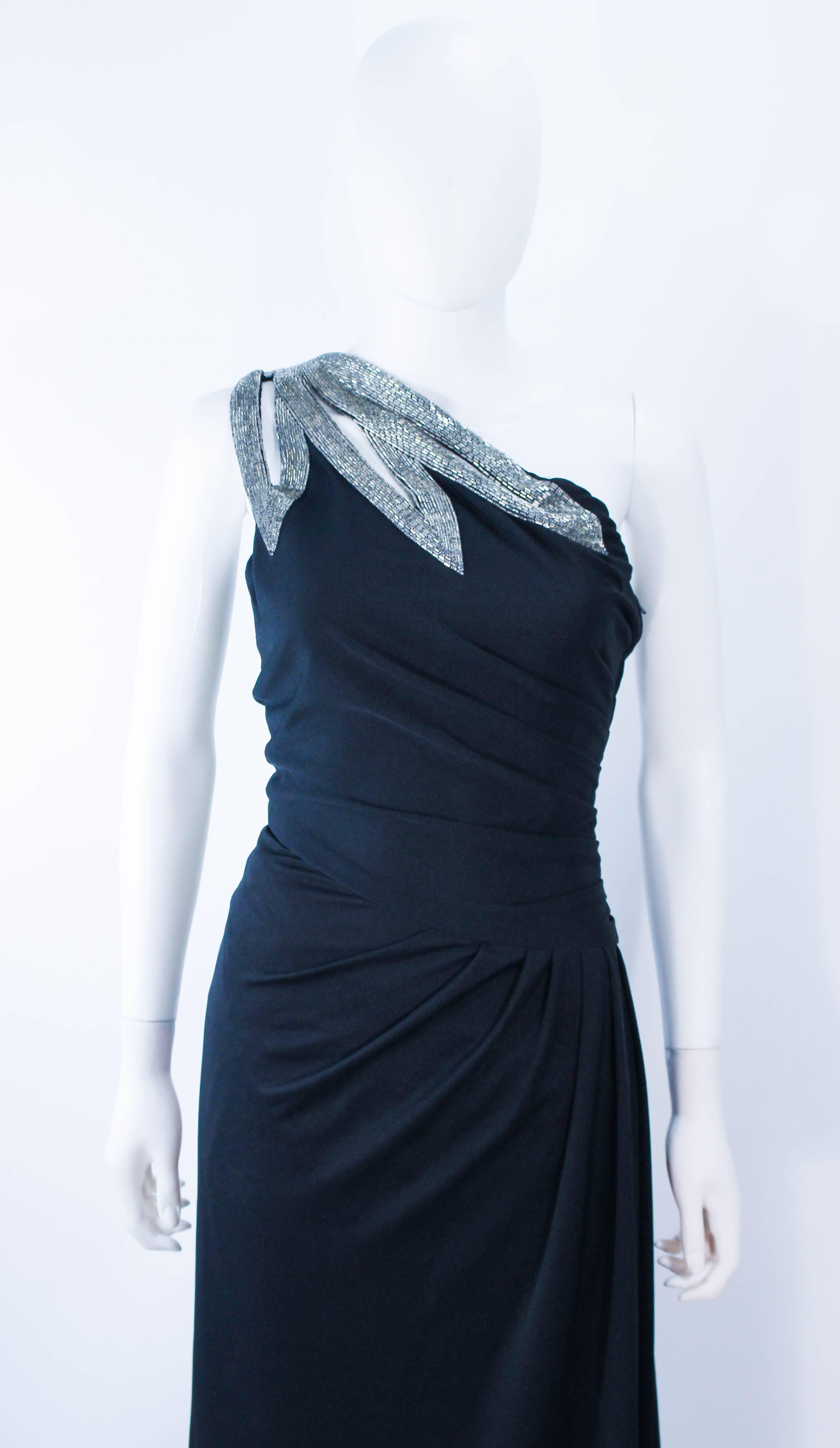 TRAVILLA 1970's Black Draped Jersey Gown with Silver Beaded Applique Size 8 10 In Excellent Condition In Los Angeles, CA