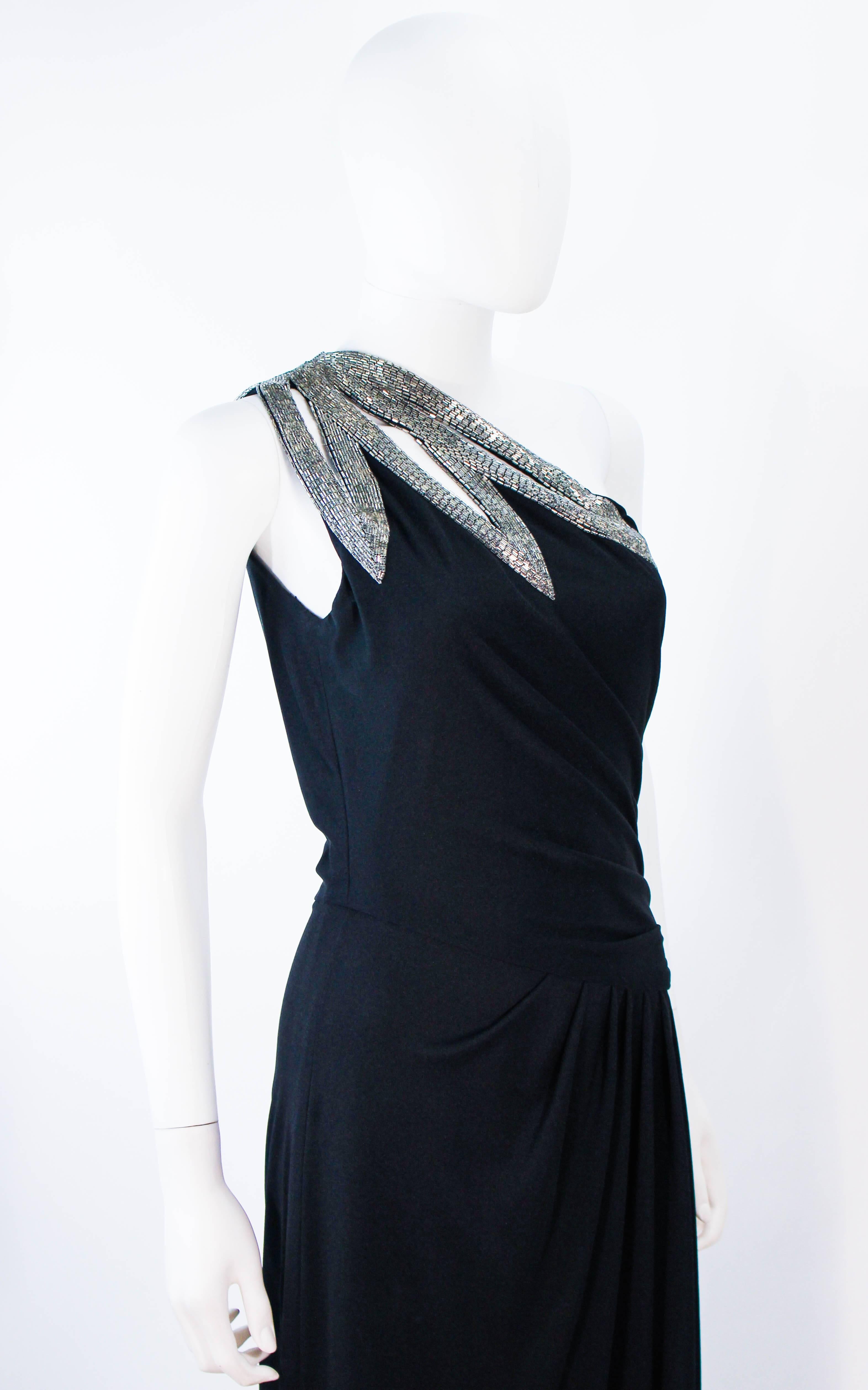 TRAVILLA 1970's Black Draped Jersey Gown with Silver Beaded Applique Size 8 10 2
