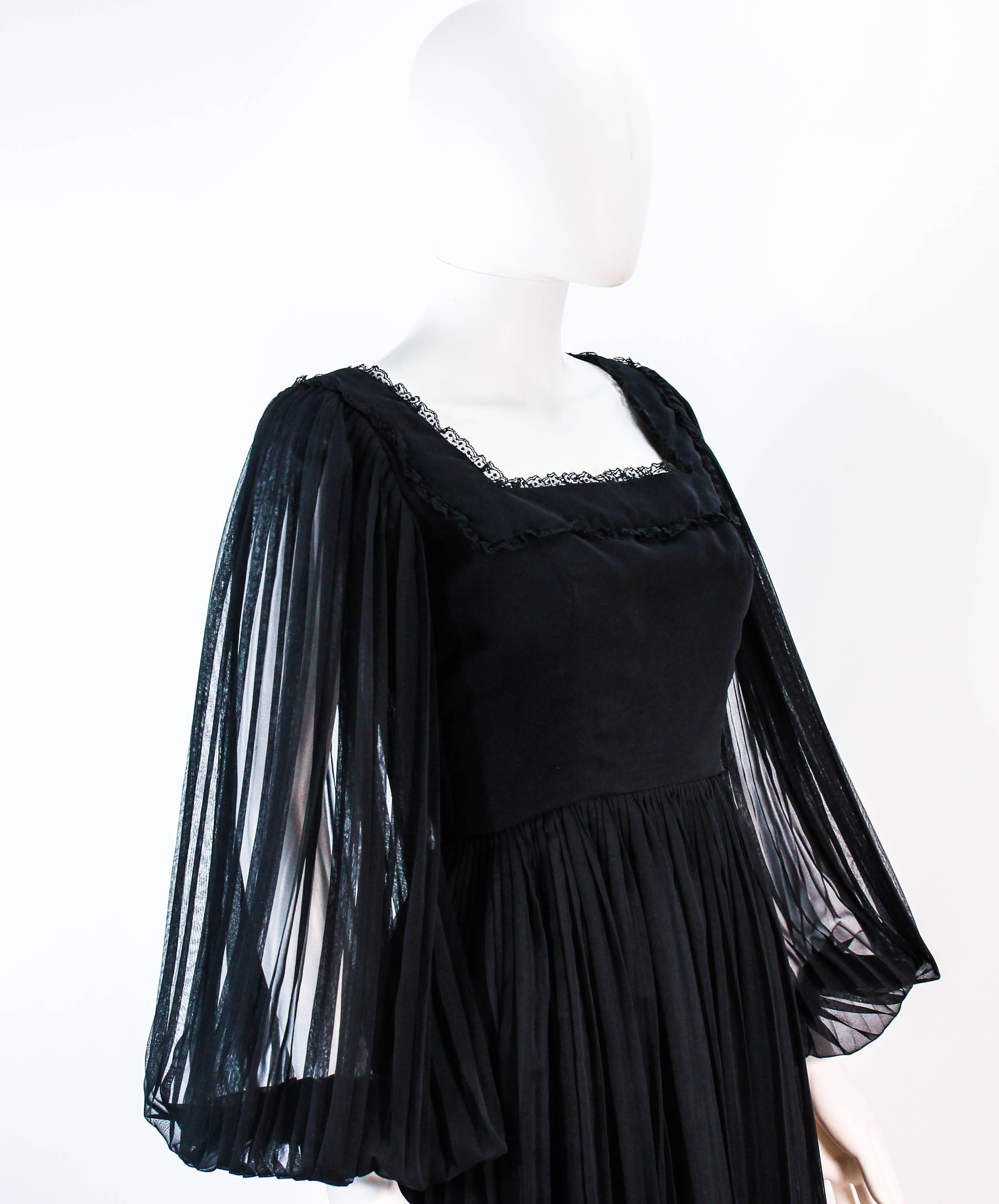 Women's or Men's JEAN LOUIS Black Pleated Lace Dress with Sheer Sleeves Size 4 6 For Sale