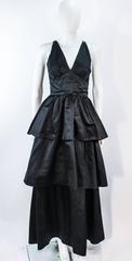 MICHAEL NOVARESE Vintage Black Satin Tiered Gown and Jacket Ensemble Size 4 6