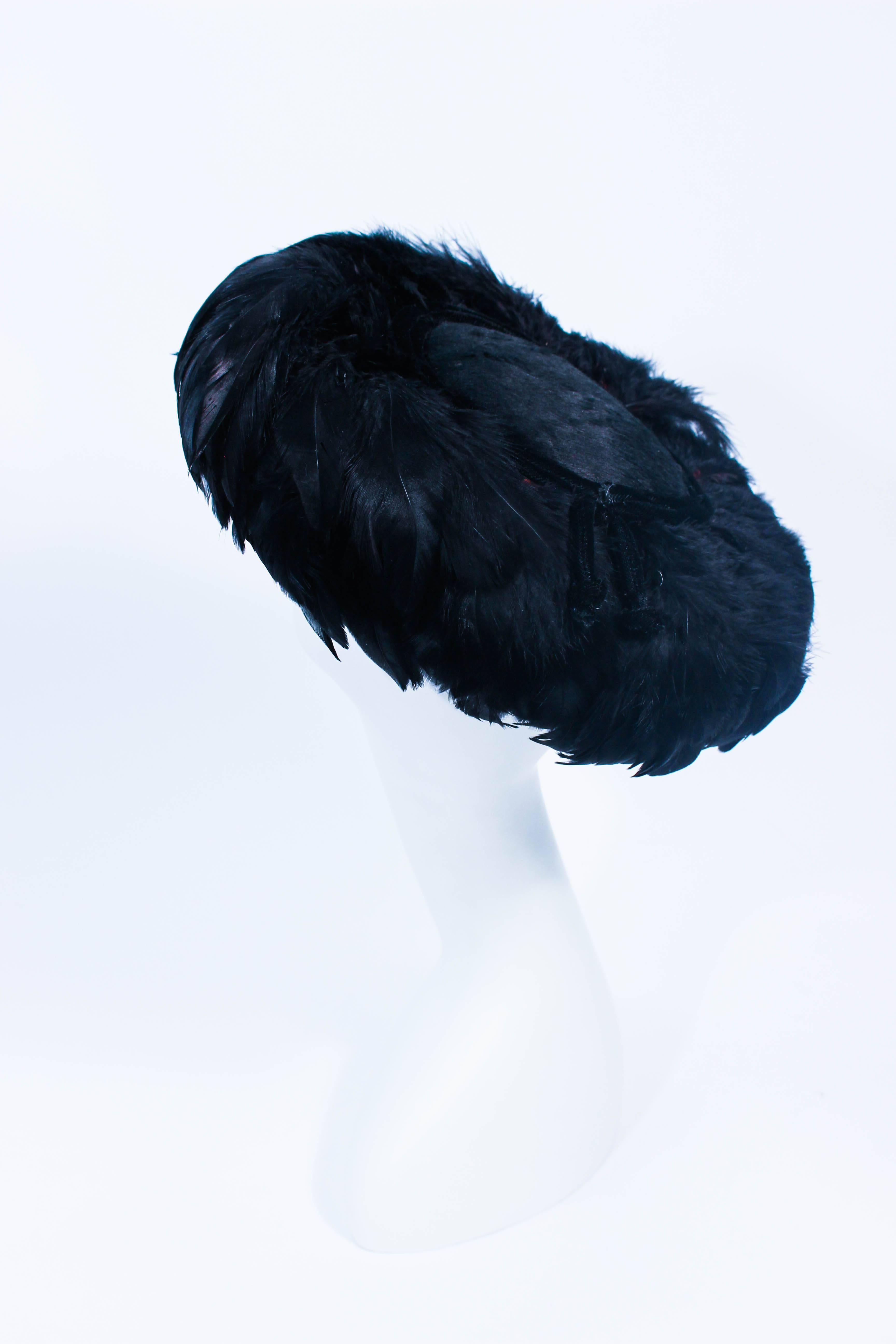 CHRISTINE Vintage 1950's Black Dyed Goose Feather and Sheared Beaver Hat In Excellent Condition For Sale In Los Angeles, CA