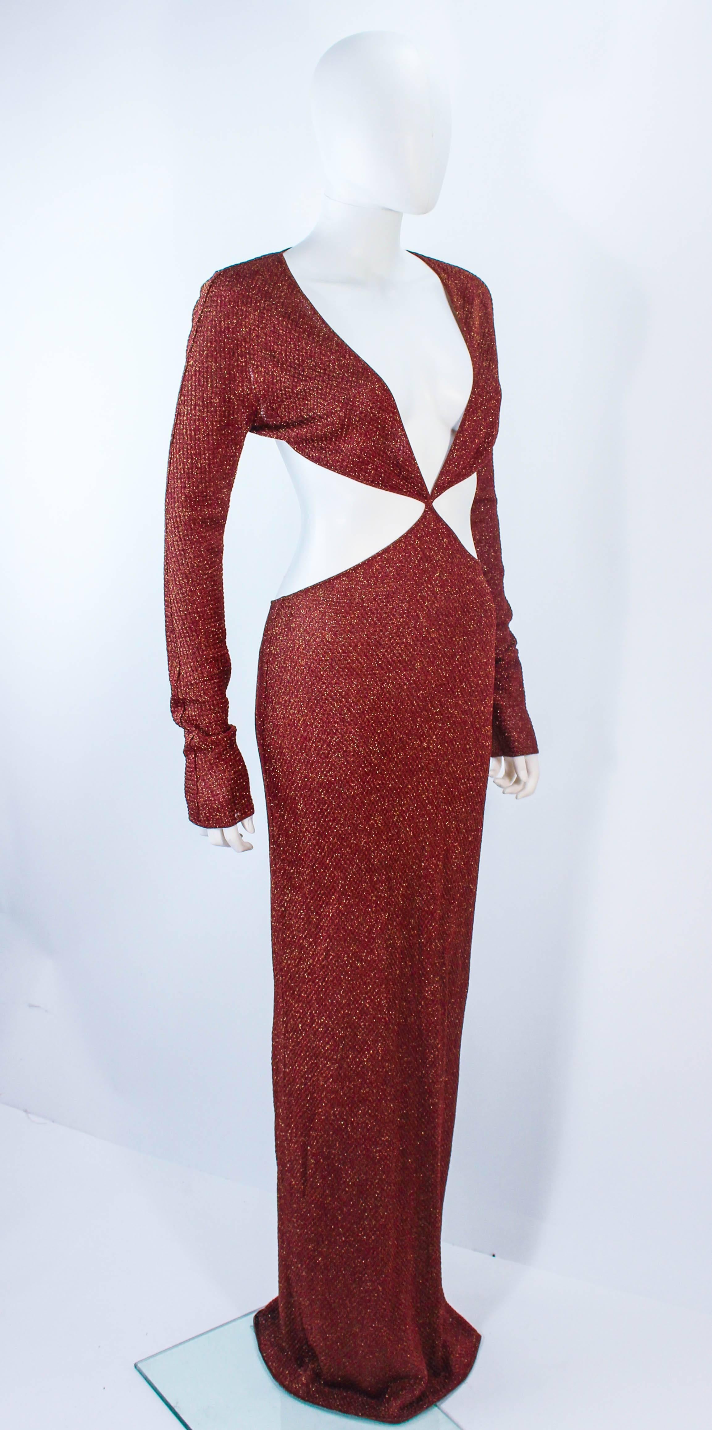 Vintage Cut Out Brown & Gold Metallic Stretch Knit Maxi Dress Size XS 2  1