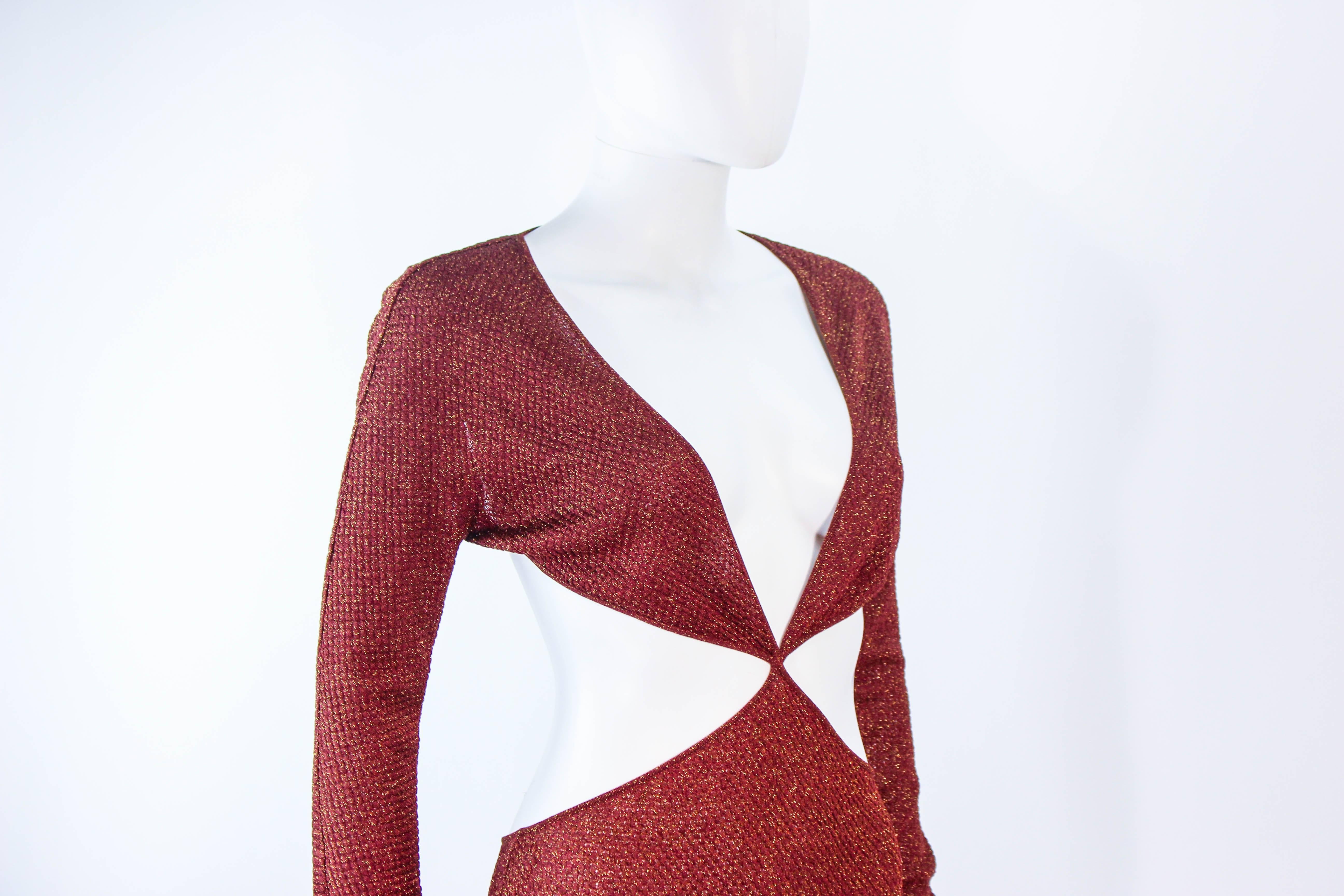Vintage Cut Out Brown & Gold Metallic Stretch Knit Maxi Dress Size XS 2  3