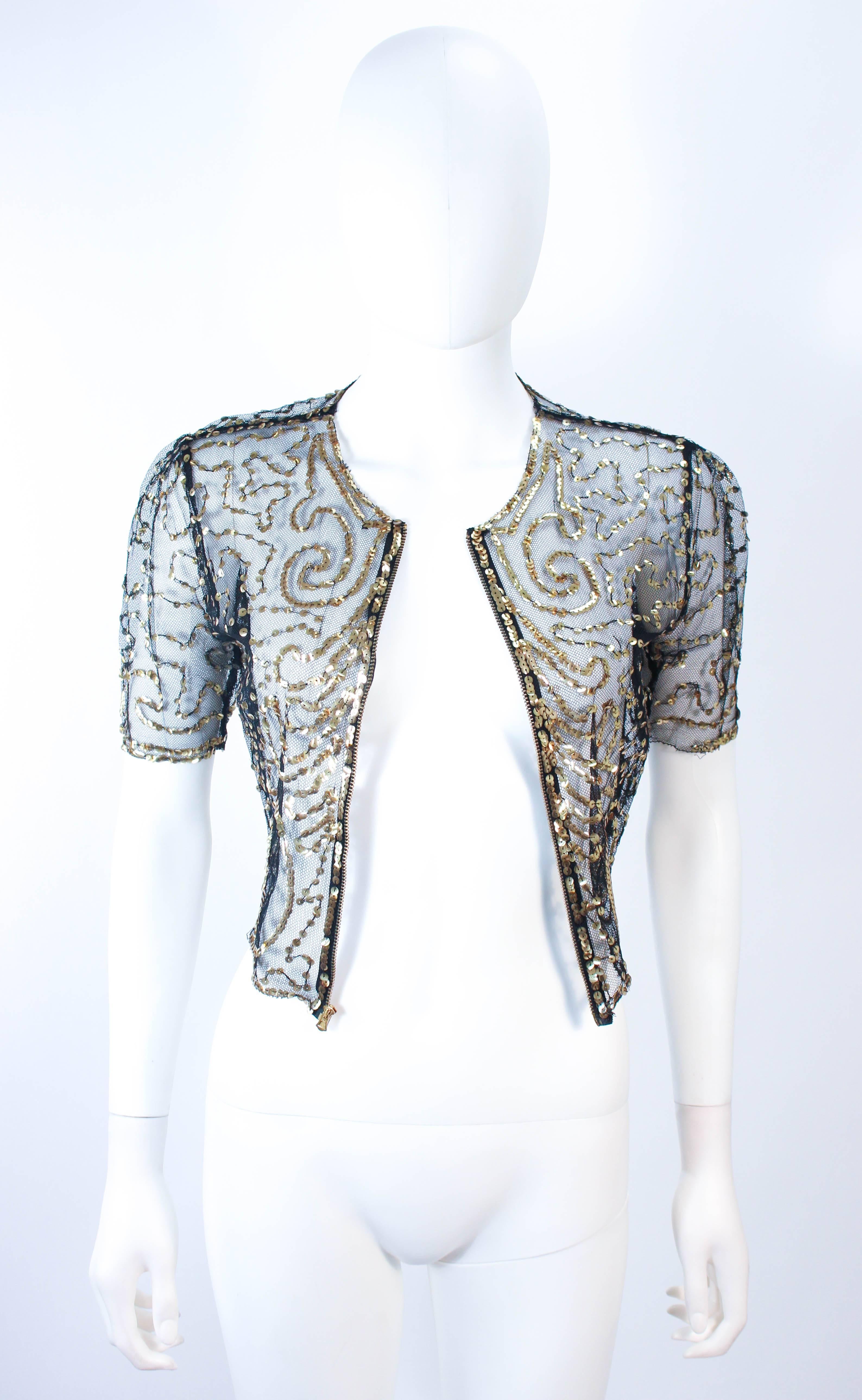 ANTIQUE 1930's Black & Gold Mesh Sequin Caplet Size 4 6 In Excellent Condition For Sale In Los Angeles, CA