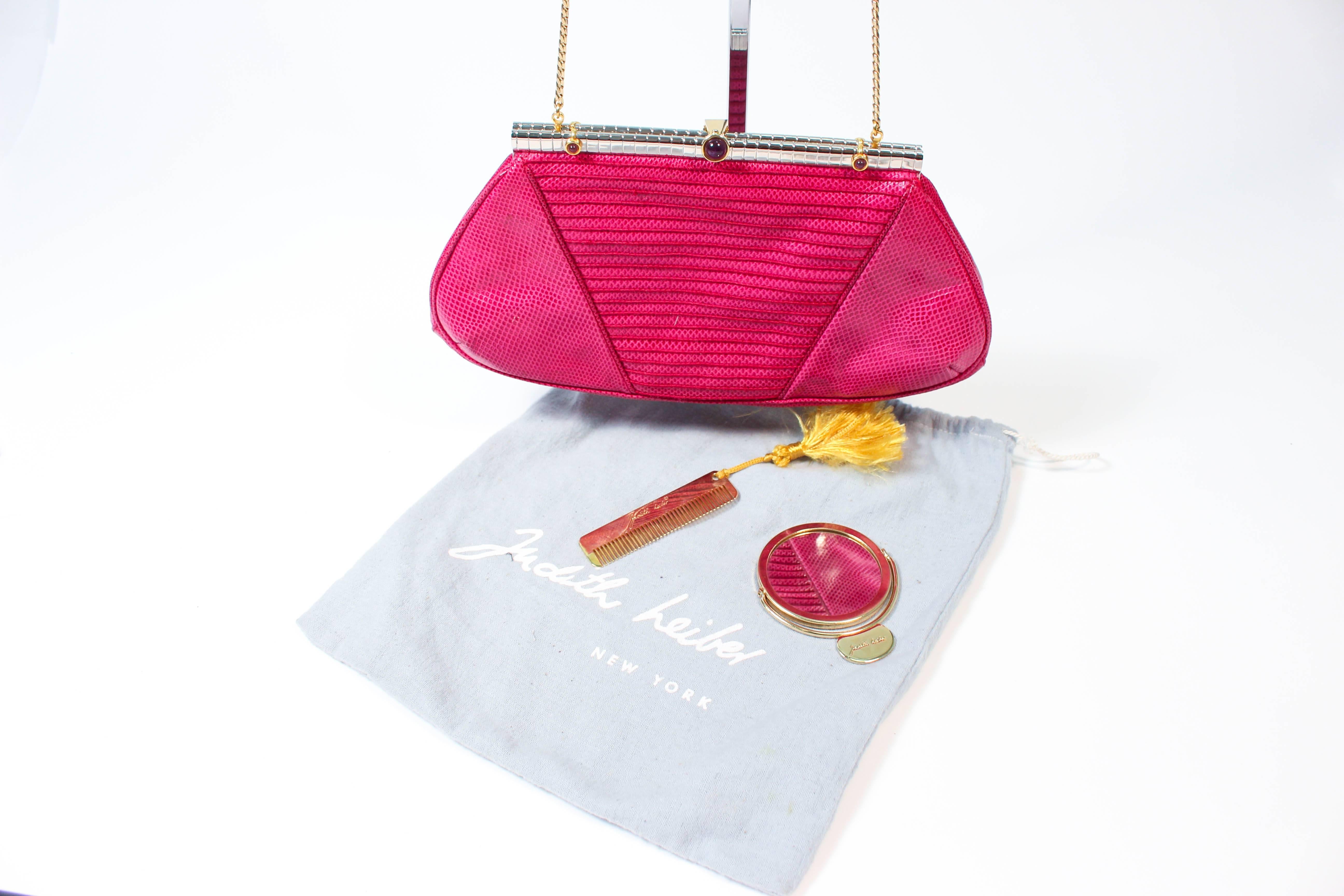 JUDITH LEIBER Vintage Purple Magenta Lizard Skin Purse with Mirror and Comb 5
