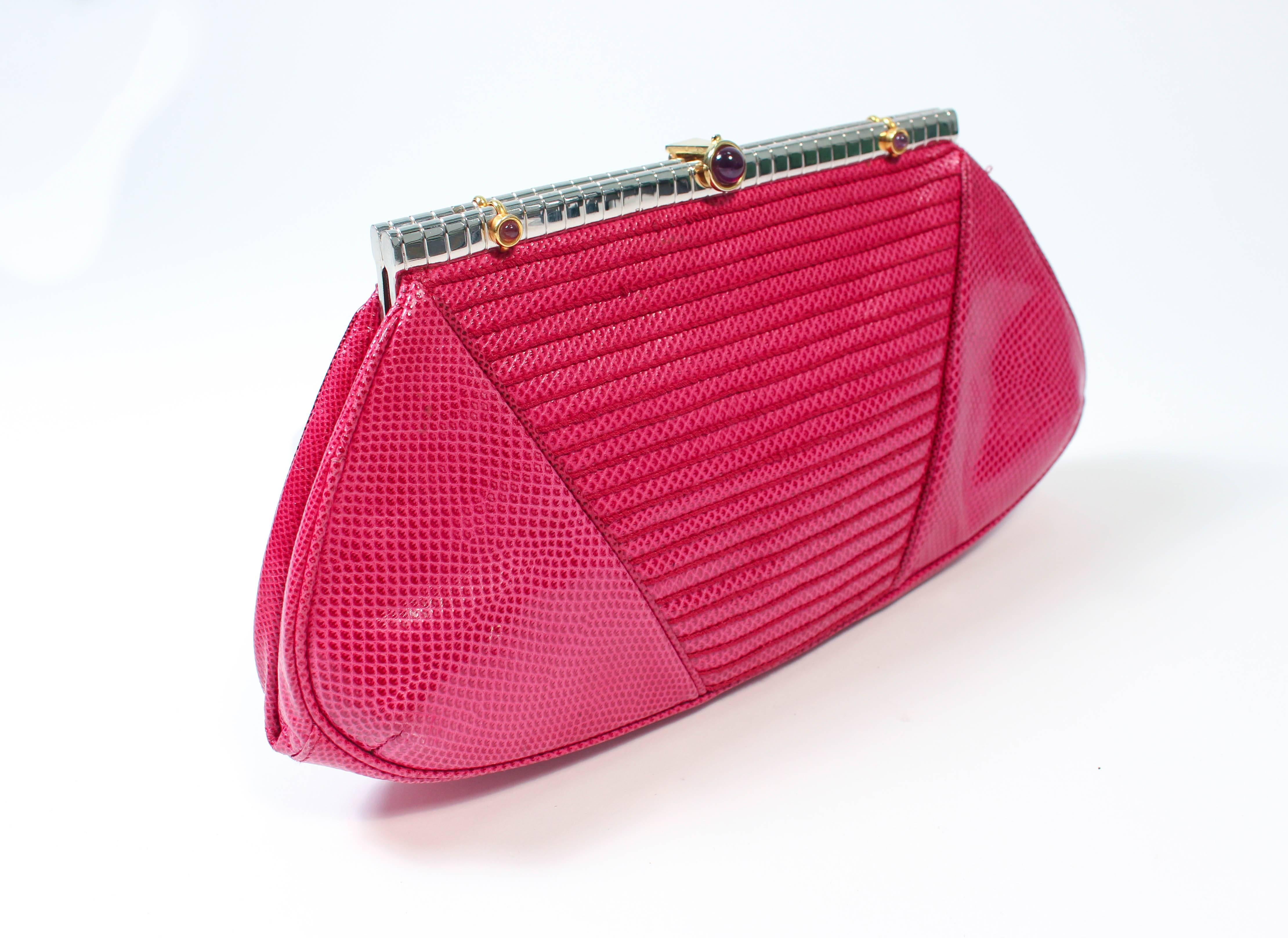 JUDITH LEIBER Vintage Purple Magenta Lizard Skin Purse with Mirror and Comb 1